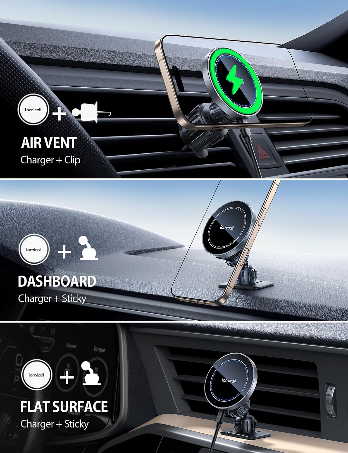 Lamicall 15W for MagSafe Car Mount Charger Vent Dashboard 360° for iPhone