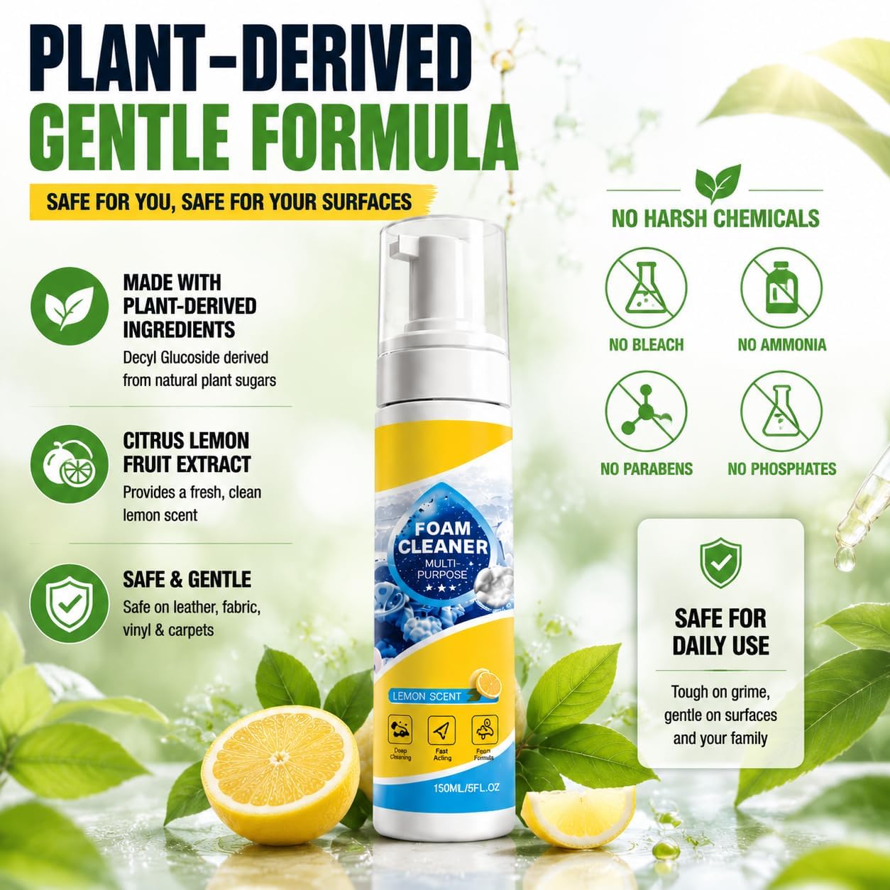 Multi-Purpose Foam Cleaner for Car Interior and Upholstery, 150ml | Leather & Fabric Seat & Dashboard Cleaner, Vinyl & Surface Foam Spray. Deep Cleaning Kit with Plant-Derived Formula