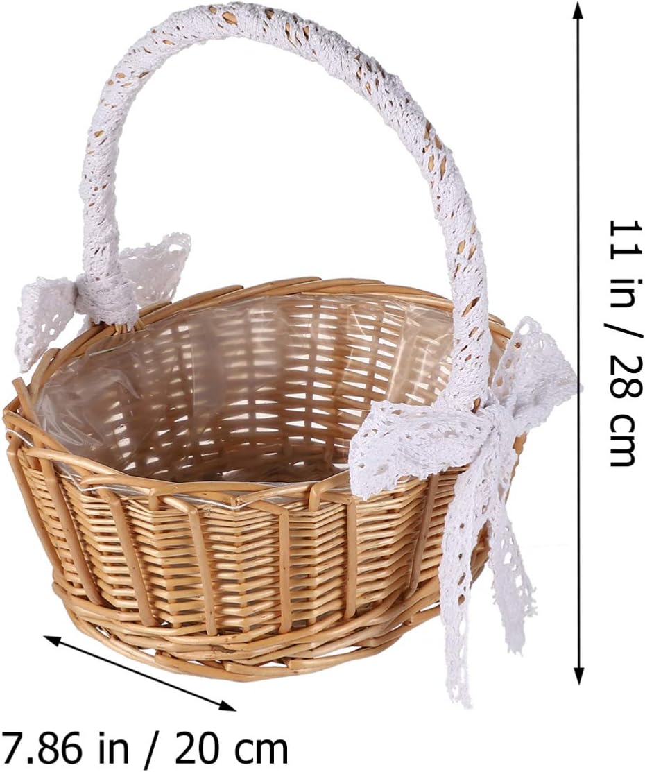 Cabilock 11.02-Inch Portable Woven Basket Braided Jacquard Basket with Lace Handle Desktop Flower for Home Organization Flower Girl Ceremony Sundries Storage