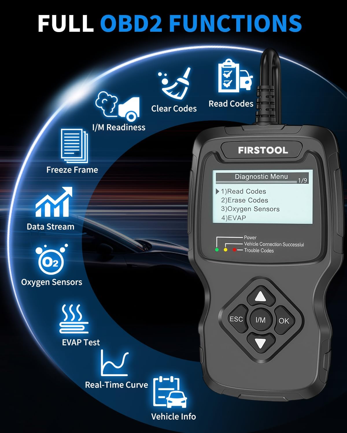 Car OBD2 Scanner, FIRSTOOL OBD2 Scanner Diagnostic Code Reader Tool with I/M Readiness, Battery Tester, Check Engine Light with Reset, OBDII/EOBD Car Diagnostic Scanner for All Vehicles After 1996
