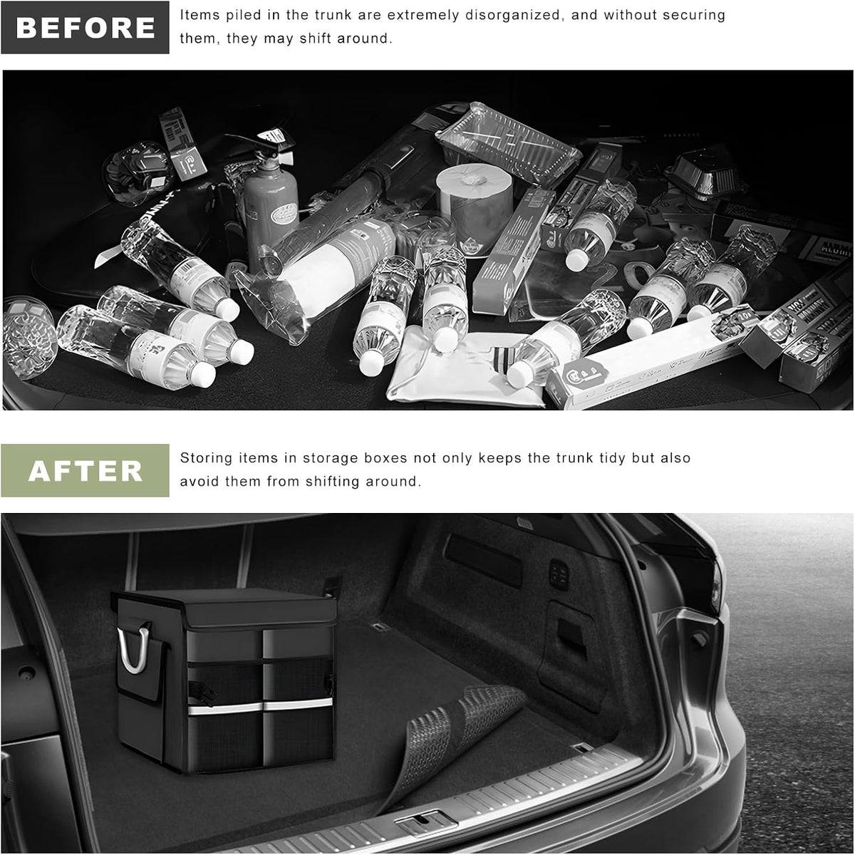Car Trunk Organizer with Lid, 28L Waterproof Oxford Fabric Auto Trunk Cargo Storage Box w/Aluminium Alloy Handle, Collapsible 2-Compartment Storage Organizer for RV SUV Truck (Black)