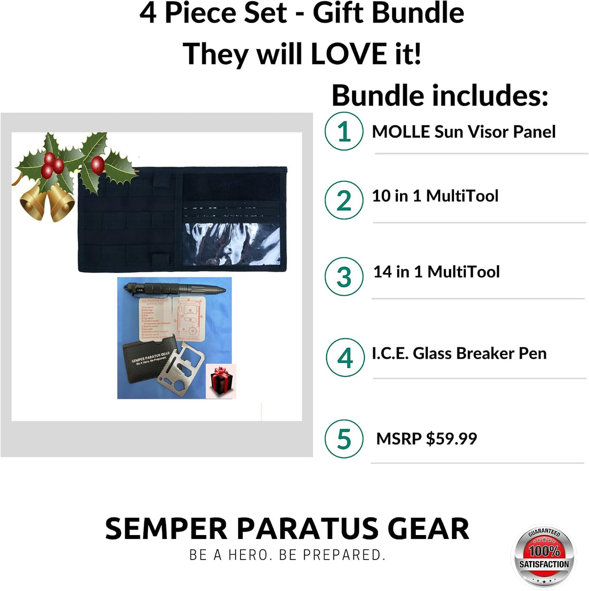 Car Sun Visor Organizer MOLLE Panel w/Multitools - Dad Gift, Black