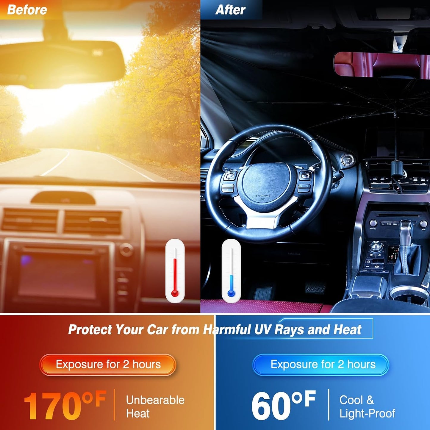 Windshield Sun Shade Umbrella - Car Sun Shade Windshield, Foldable Car Window Shades, Reflector Sunshade Offers Ultimate Sun Protection for Hatchback, Truck, SUV, MPV