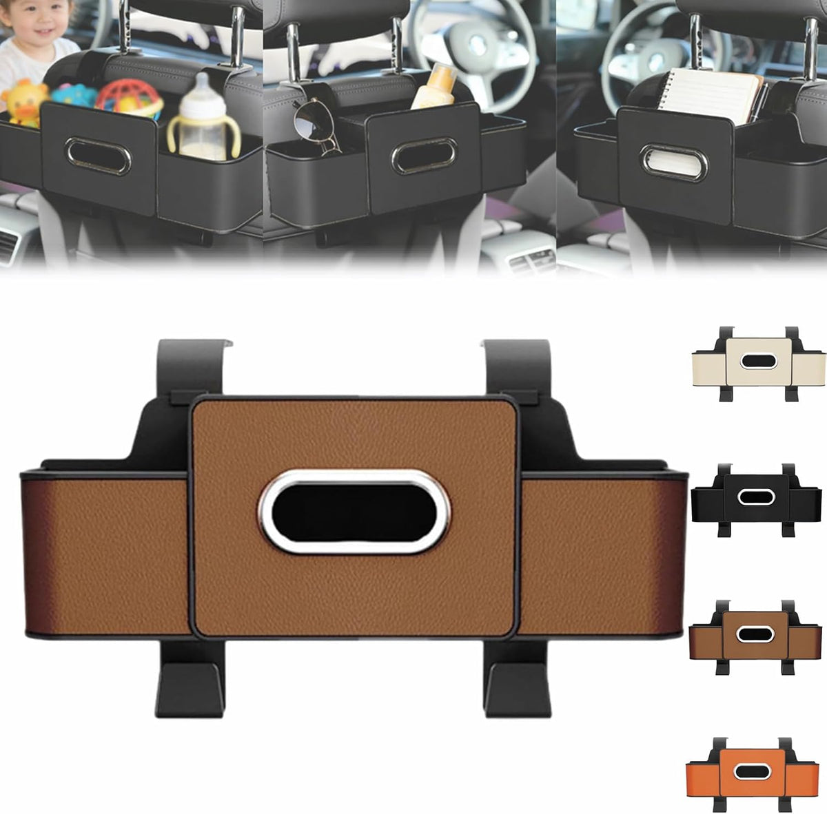 Car Organizer and Storage Box, 3-in-1 Car Seat Back Storage Box, Multifunctional Headrest Backseat Organizer with 2 Cup Holders, Smart Car Organizer for Most Vehicles (2pcs Brown)