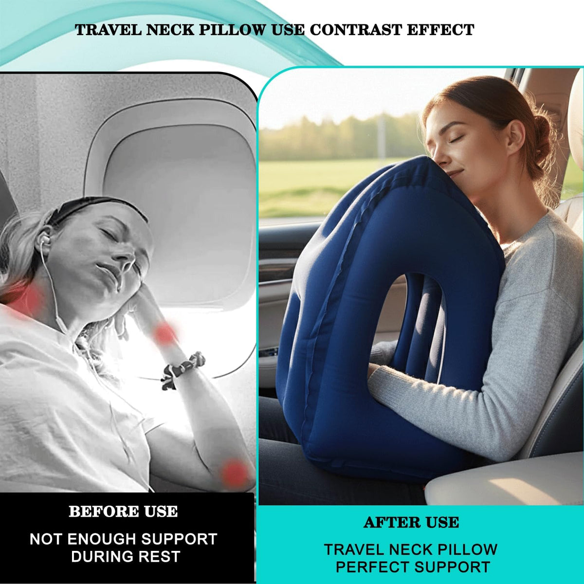 Inflatable Travel Pillows for Airplane, Blow Up Neck Pillow for Sleeping for Long Flight Support Neck,Head & Shoulder, Used for Travelling Car/Airplane/Office Nap-Comes with Eye Mask and Earplugs_Blue