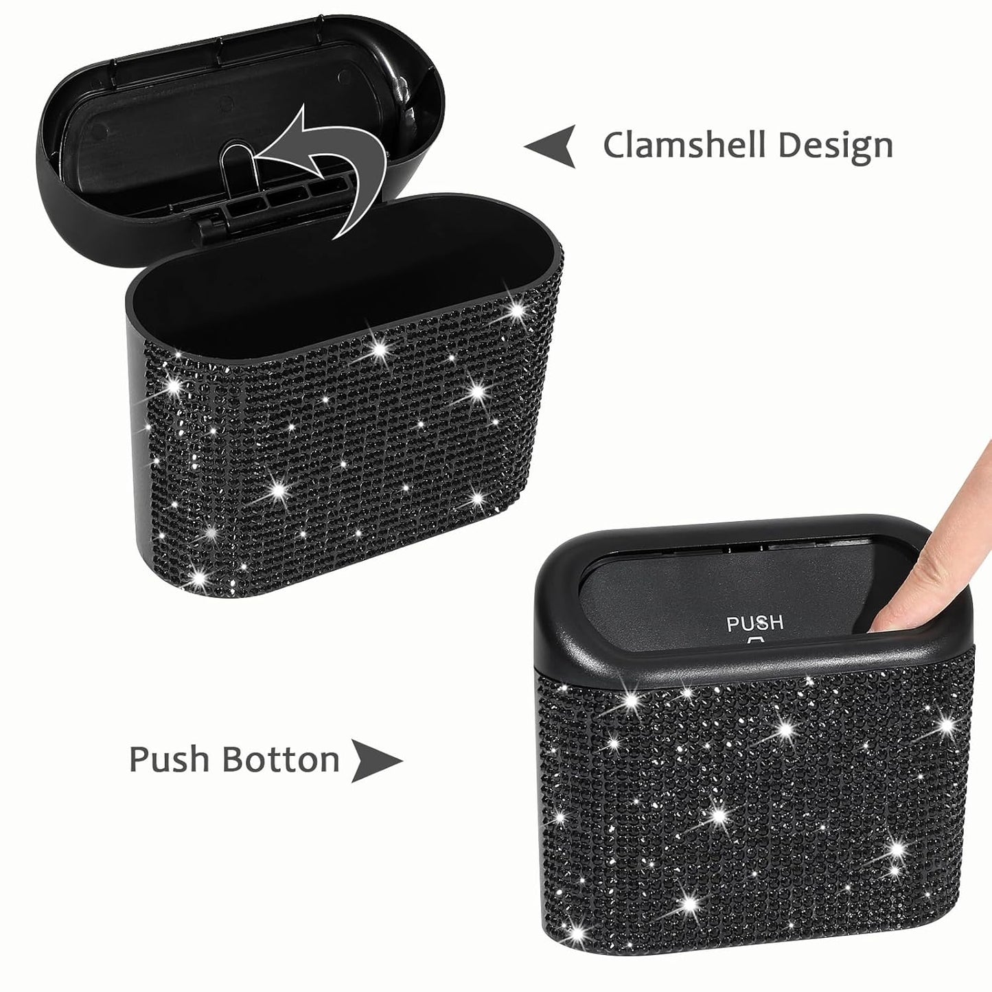Accmor 2 Pack Bling Car Trash Can with Lid, Small Garbage Can, Auto Garbage Storage Bin with 90pcs Garbage Bags, Sparkling Crystal Trash Bags Holder for Car, Home, Office Storage (Black Rhinestone)