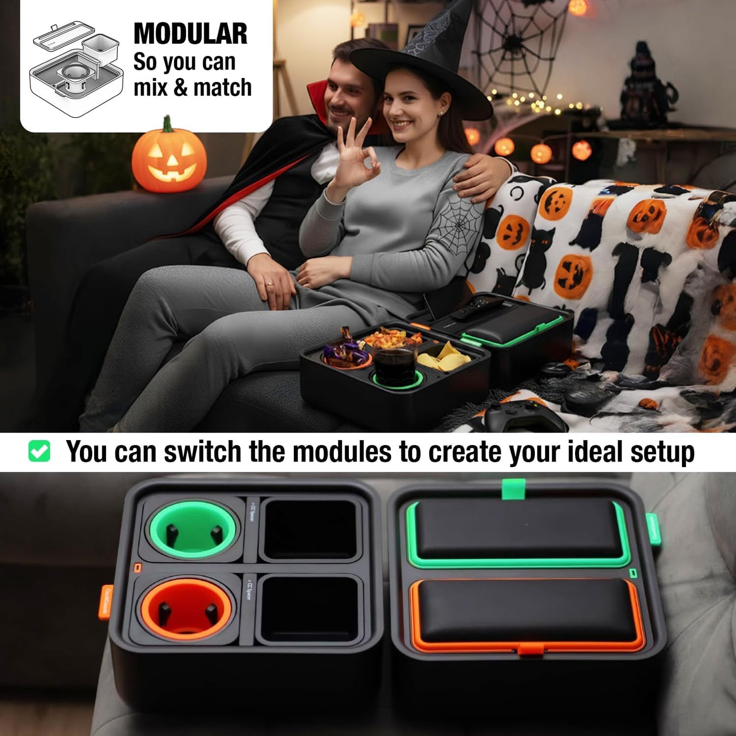 CouchConsole Original Tray - Drinks & Snacks Sofa Caddy with Armrest, Table with Phone Stand- TV Remote Control Storage and Organizer - for Living Rooms, RV, and Cars, Black/Green