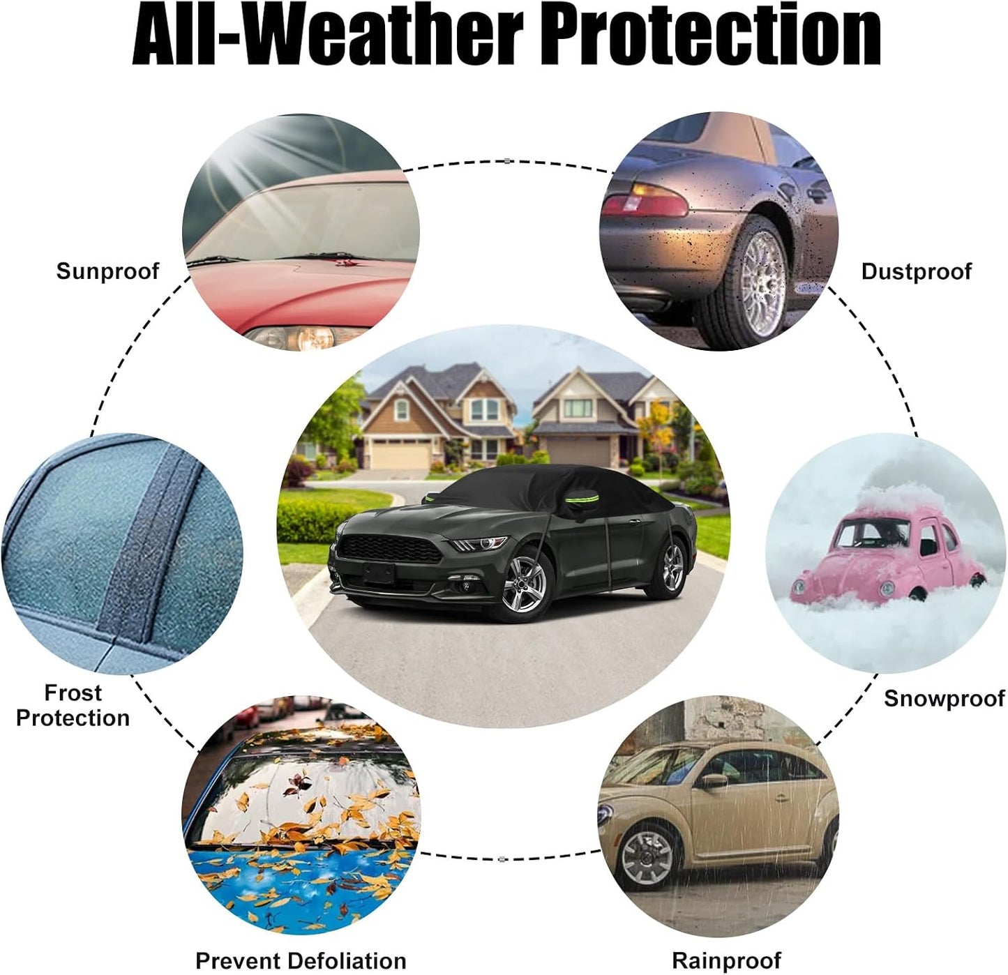 300D Black Oxford Half Car Cover Compatible with 2005-2024 Ford Mustang S-197/S550/S650, Protector Car Body Covers for Windproof Dustproof UV Resistant Protect Your Windshield and Roof