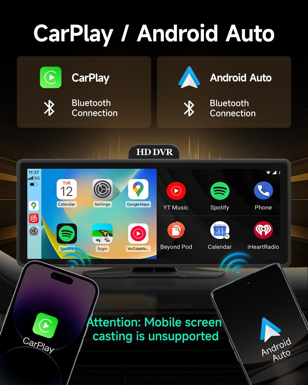 10.26'' Portable Carplay Screen for Car with Dash Cam & Backup Camera