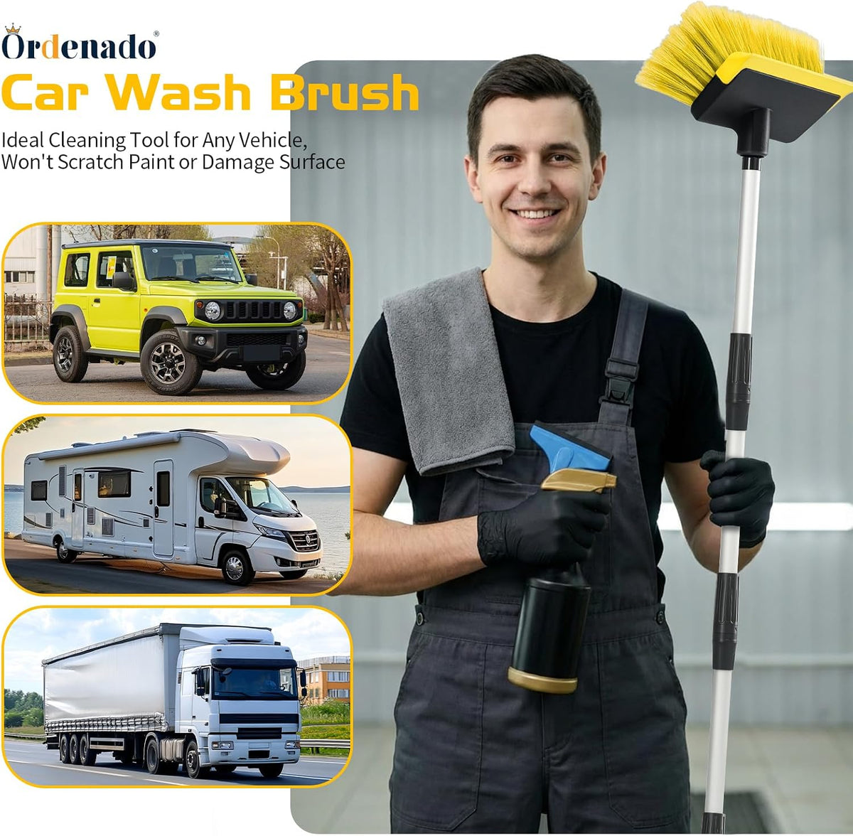 Ordenado 56" Car Wash Brush with Long Handle, Soft Bristle& Rubber Squeegee