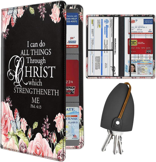 Car Document Holder with Magnetic Shut, PU Car Registration & Insurance Card Holder for Driver License, Cards & Essential Documents, Vehicle Glove Box Organizer, Christian Bible Verse Phil 4:13