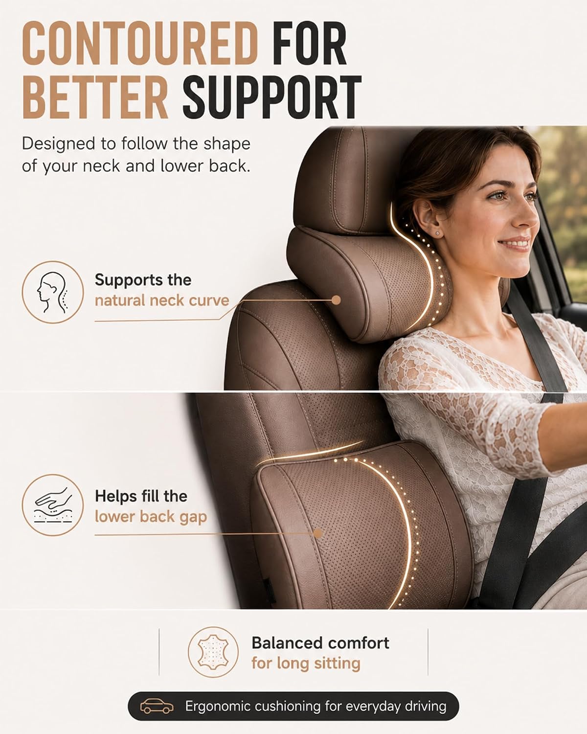 Ergonomic Headrest and Lumbar Support Set for Car Seats, Breathable Perforated Leather Car Pillows, Luxurious Memory Foam Neck Pillow for All Cars, Eases Neck Fatigue for Long Driving(Amber)