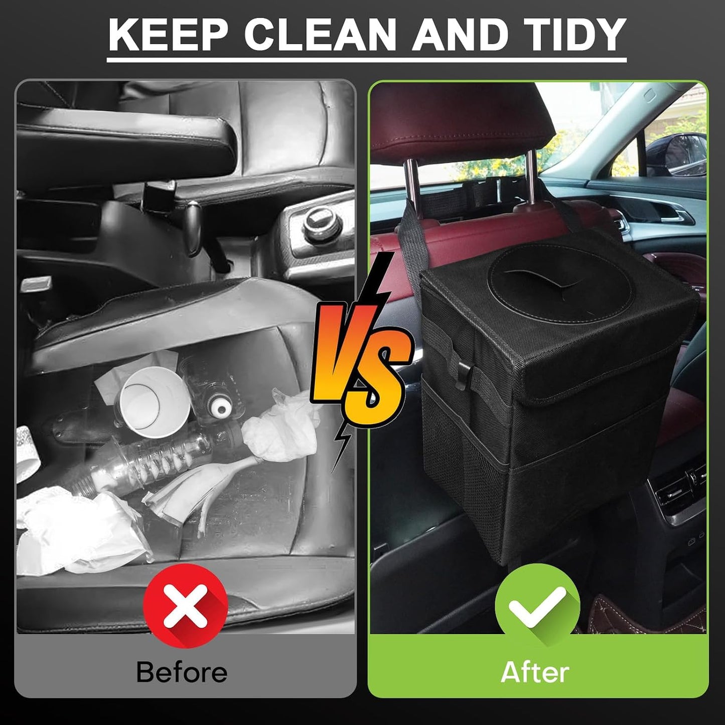 Car Trash Can Bin with Lid - Collapsible Car Garbage Can with Storage Pockets-Black Mini Leakproof Vehicle Trash Bag-Small Automotive Organizers and Storage for Back/Front Seat SUV Truck Accessories