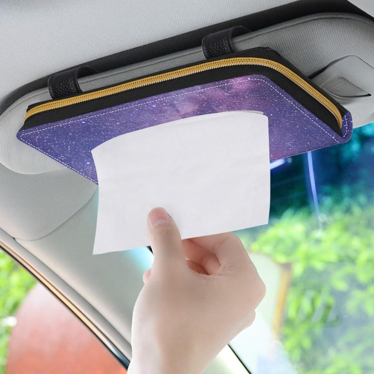 Biyejit Car Visor Tissue Holder, Purple Galaxy Print Car Mask Holder, Car Sun Visor Napkin Holder Backseat Tissue Case，Pu Leather Tissues Box, 1 Pack