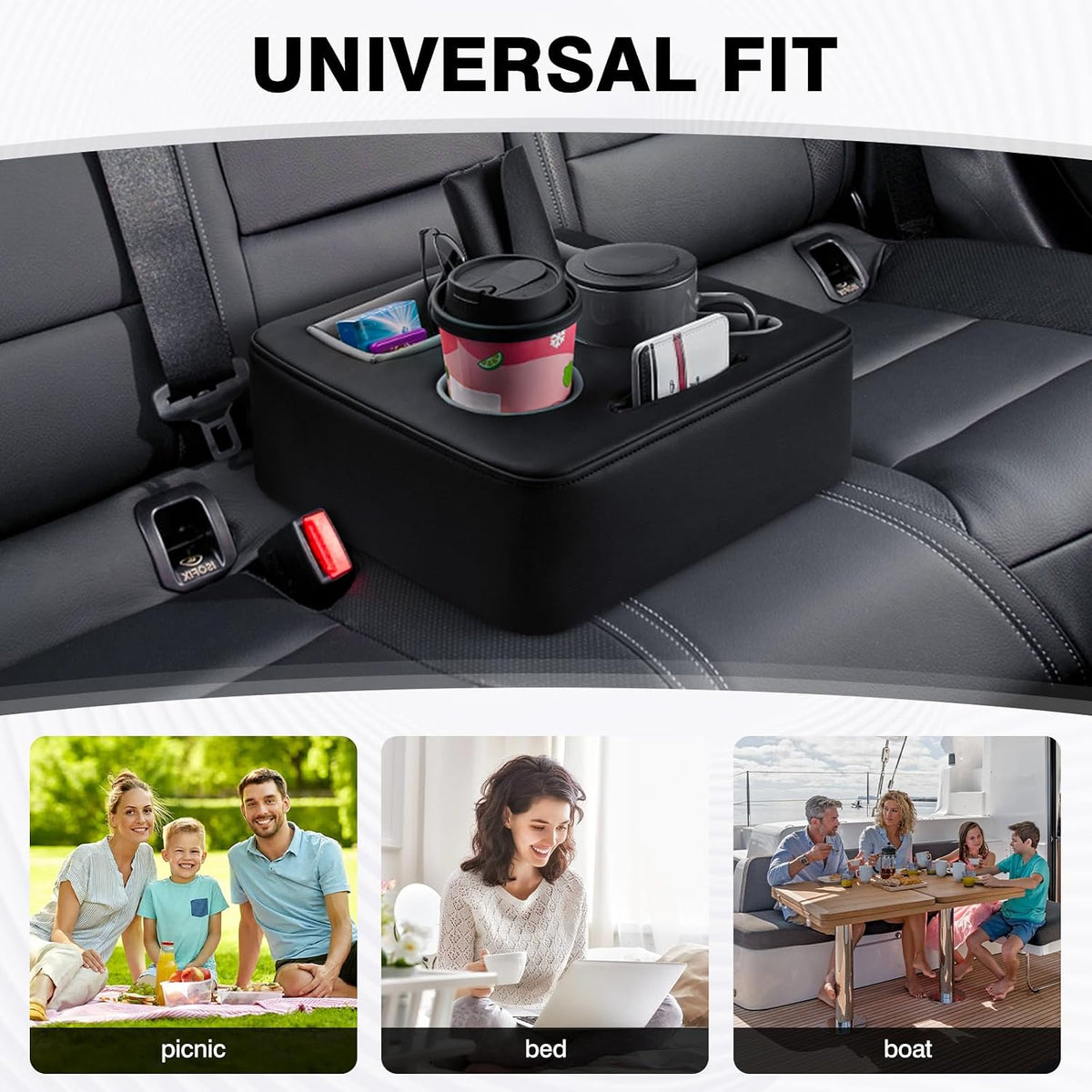 Autorder Back Seat Cup Holder for Car, Couch Cup Holder, Car Truck Boat RV Organizer, Holds Coffee Cups, Books, Phones, Remote Controls - PU Leather Black
