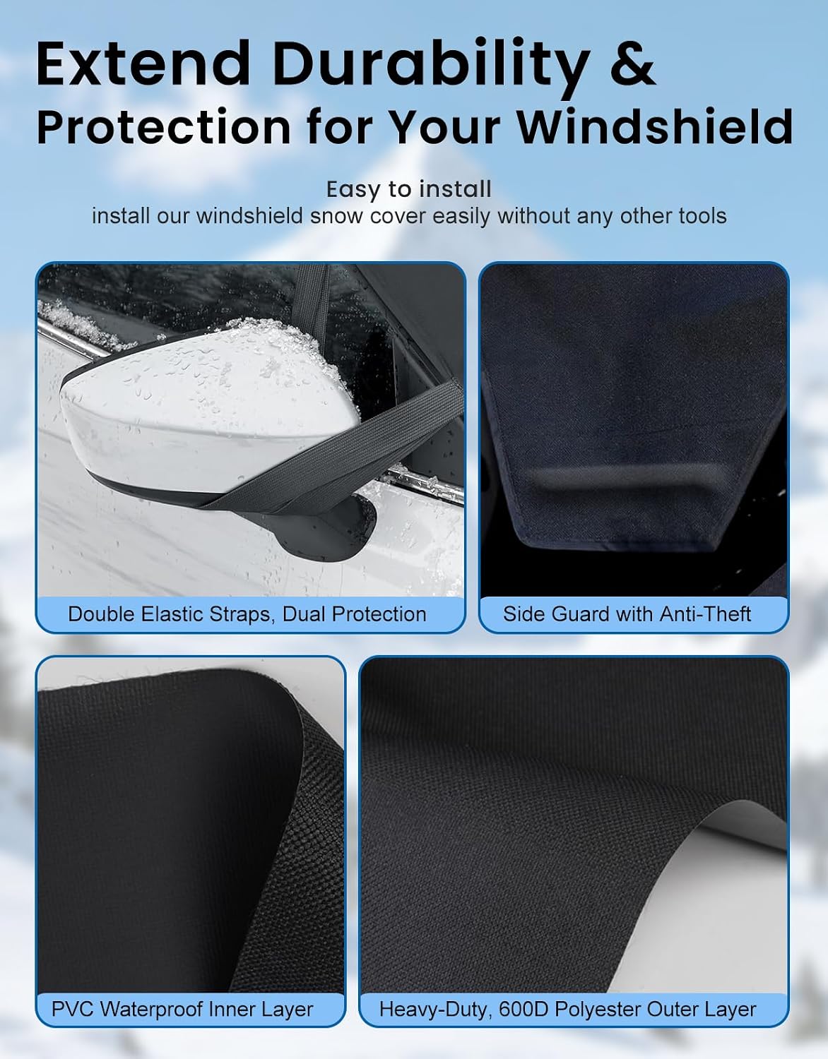 Windshield Cover for Ice & Snow, Heavy-Duty 600D Oxford Fabric, Universal Fit for Cars, SUVs, Trucks, Vans, RVs, Waterproof Frost Wind Resistant Winter Windshield Protector (69" 42")