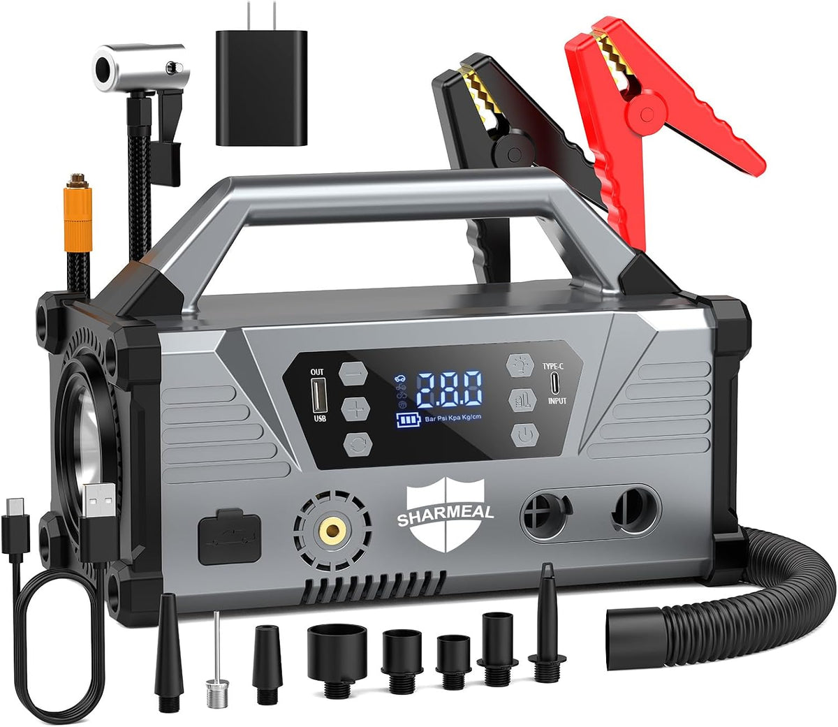 Sharmeal Jump Starter 9000A Car Jump Starter with Air Compressor, Car Battery Jump Starter (All Gas/12.0L Diesel), 200PSI Car Battery Jumper Starter Portable 12V Jump Box with Jumper Cables, LED Light