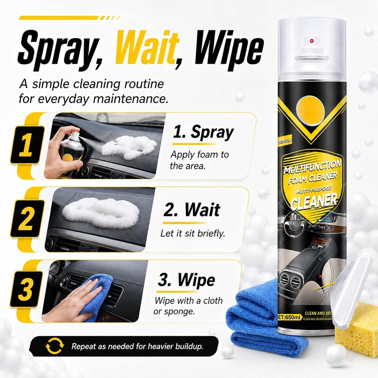 Multifunctional Foam Cleaner Spray for Car Interior & Home Surfaces, Multi-Surface Cleaning Foam for Fabric, Finished Leather, Plasticwith Sponge and Towel, 650ml (1)