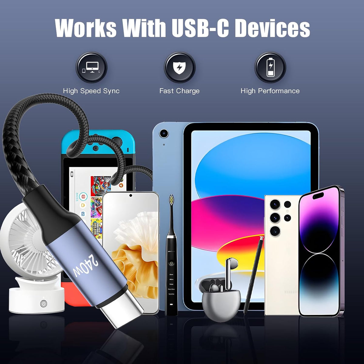 ROADRESS 240W USB C to USB C Cable Coiled, Braided Type C Charger for Car
