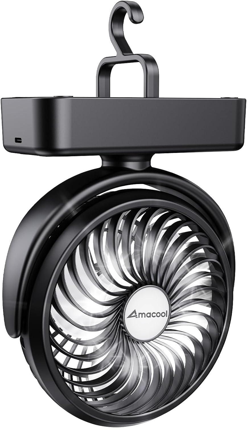 Portable Camping Fan with LED Lantern- 40H Work Time Rechargeable Battery Operated Fan with Hanging Hook for Tent Car RV Hurricane Emergency Outages Survival Kit Cruise Travel Camping Essentials Gear