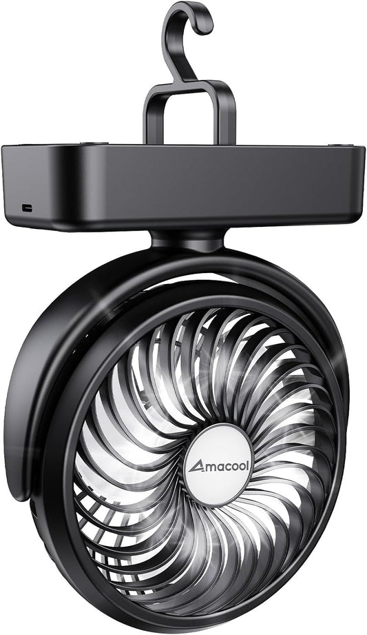 Portable Camping Fan with LED Lantern- 40H Work Time Rechargeable Battery Operated Fan with Hanging Hook for Tent Car RV Hurricane Emergency Outages Survival Kit Cruise Travel Camping Essentials Gear
