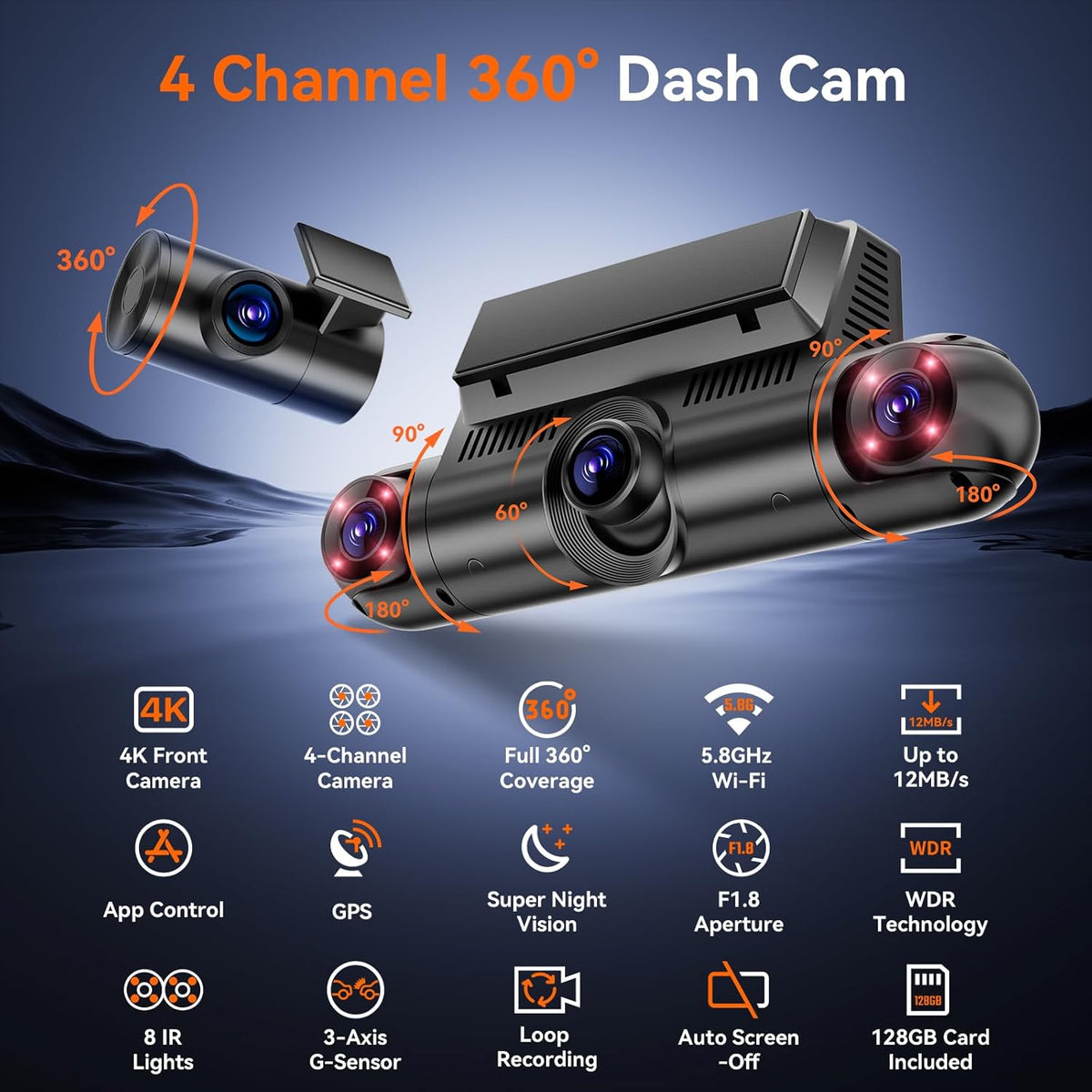 4K 360° Dash Cam, 4-Channel Dash Camera Front Rear Left Right with GPS