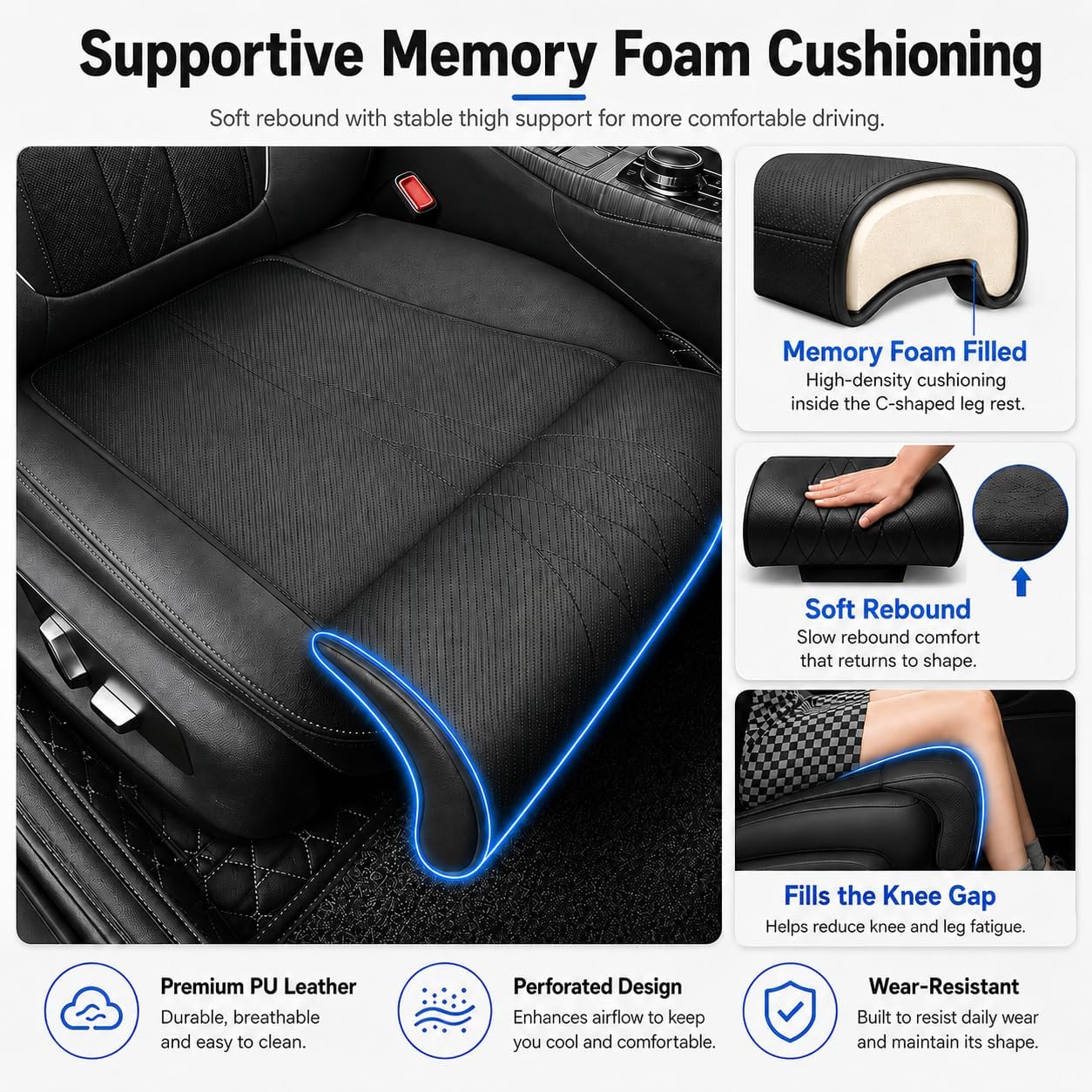 Car Seat Extender Leg Support Cushion, Memory Foam Car Seat Leg Extender with Perforated Leather Cover, Universal Design Thigh Support & Seat Protector for Long Drives & Daily Commuting (black)