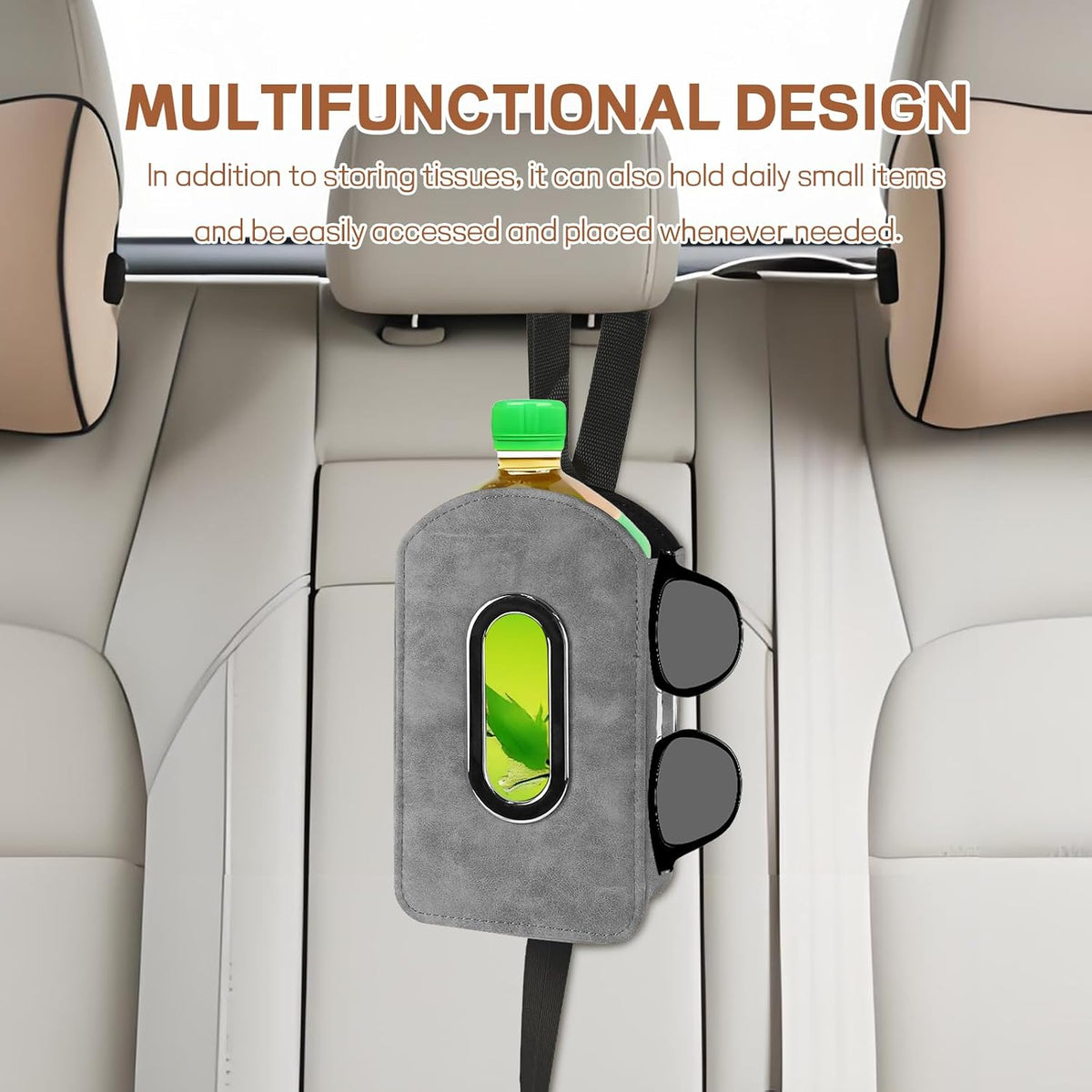 Car Seat Side Tissue Holder, Rectangular Leather Hanging Tissue Box Cover for Cars Front Seats, Automotive Seat Storage Organizer for Phone, Stuff, Universal Interior Car Accessories (Gray)