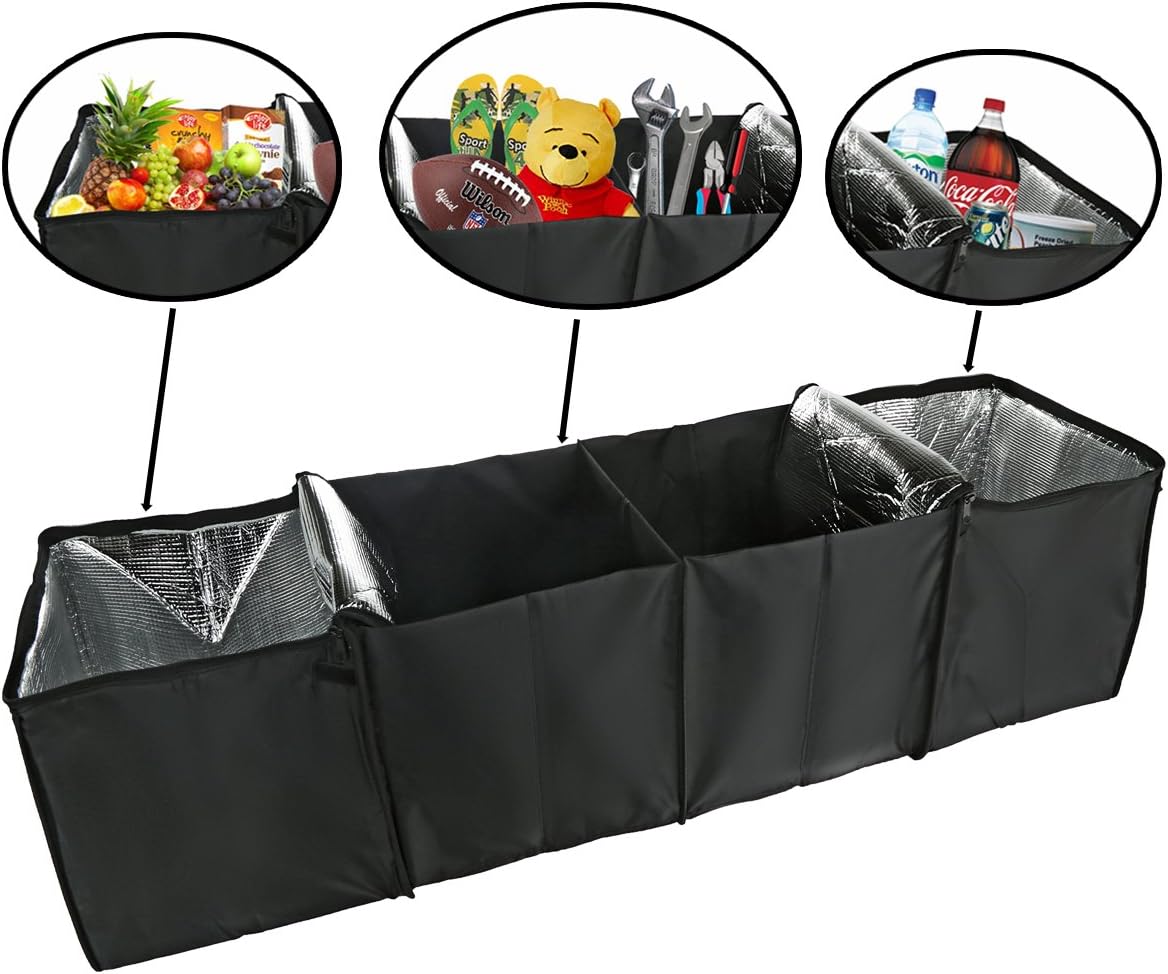 lebogner Auto Trunk Organizer With Insulated Cooler Compartments X-Large Vacation Trunk Cooler Box For Hot Or Cold Food While Traveling, Multipurpose Collapsible Car Accessories Storage Organizer
