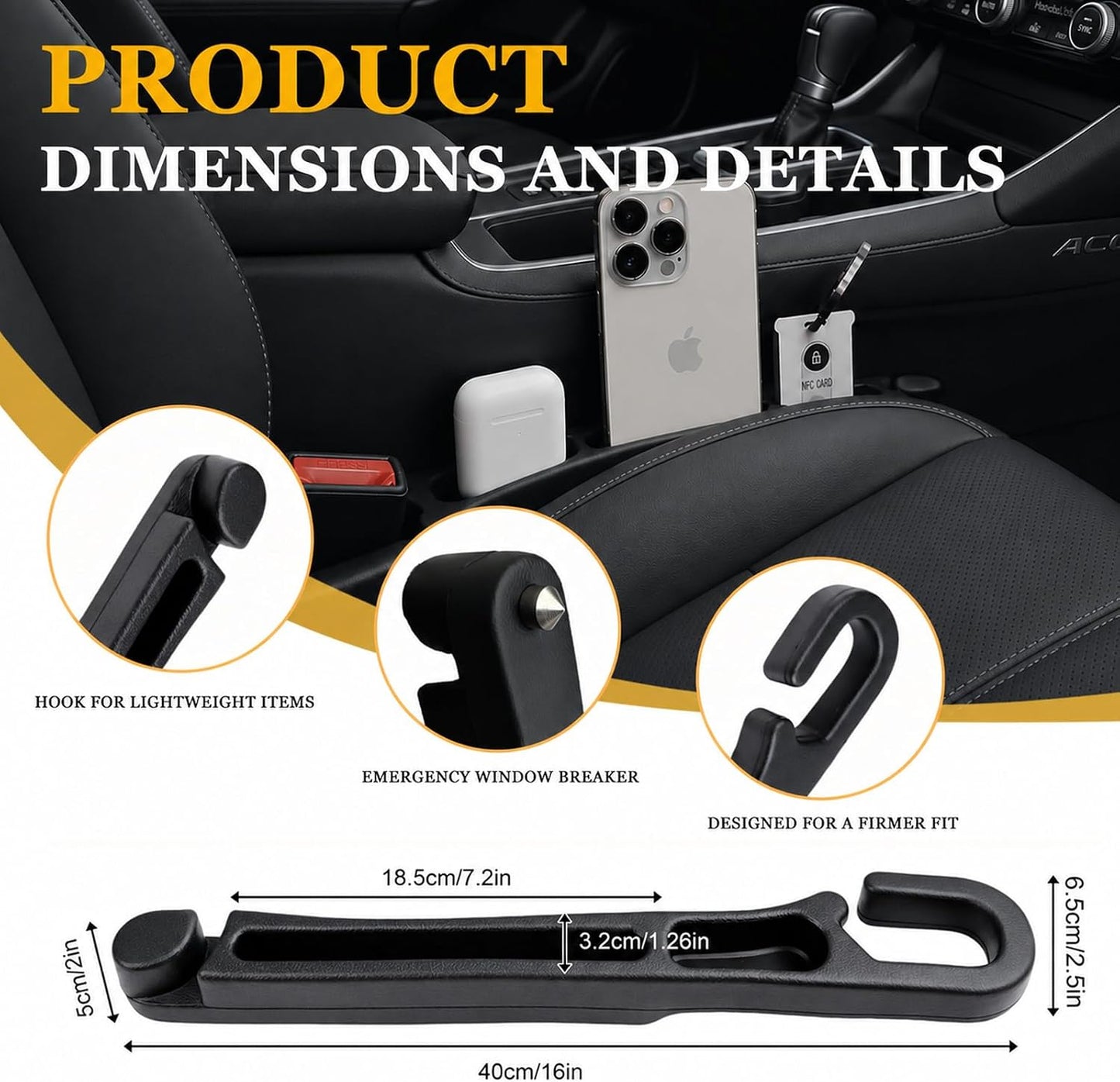 2-Pack Car Seat Gap Filler Compatible with Subaru Outback, Forester, Crosstrek, Ascent & Solterra Accessories, Seat Gap Organizer with Emergency Glass Breaker & 2 Sunglasses Holders, Black