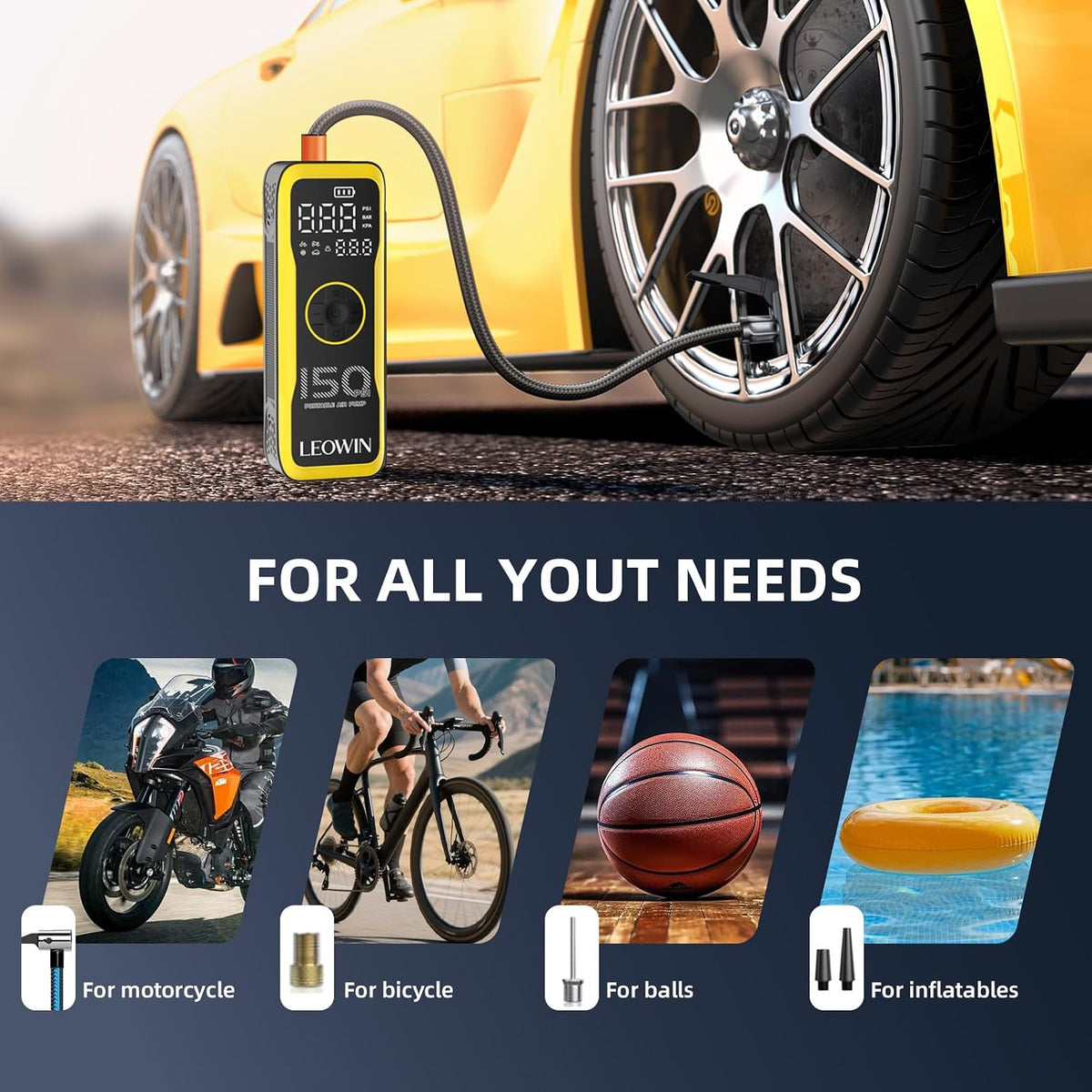 LEOWIN Portable Tire Air Pump with Digital Tire Pressure Meter/LED Light