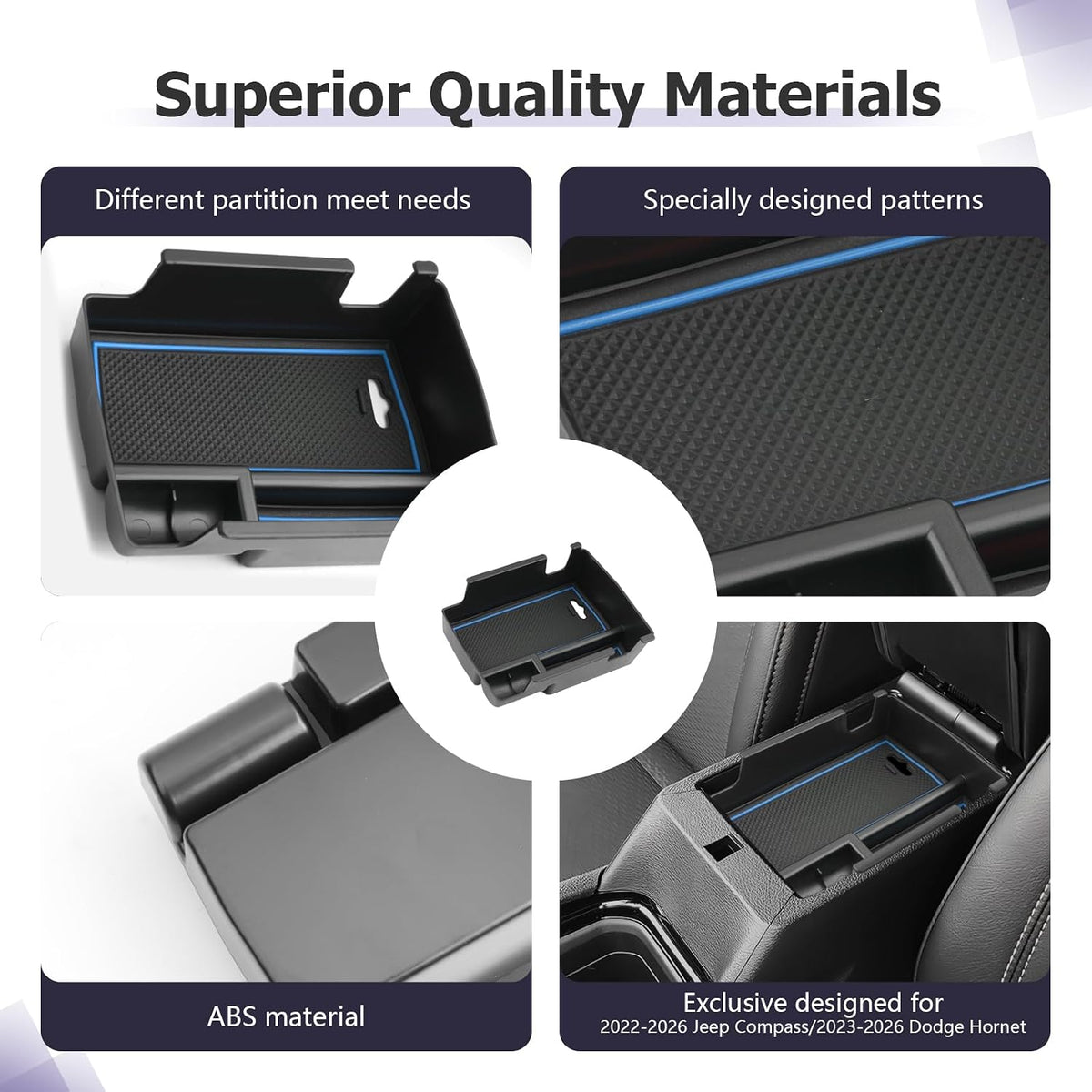 LUWU Center Console Organizer Compatible with Jeep Compass 2021-2026/Dodge Hornet 2023-2026 Accessories Armrest Console Storage Box Insert Tray ABS Material Coin Container Blue