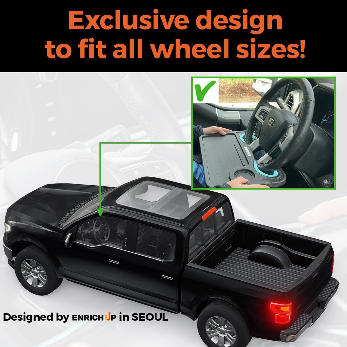 ENRICH UP 2-in-1 Steering Wheel Tray Table & Car Desk - Mint Ring | 2-in-1 steering wheel tray for parked laptop work, meals, cup holder use, wheel covers, pickups, SUVs, and travel breaks