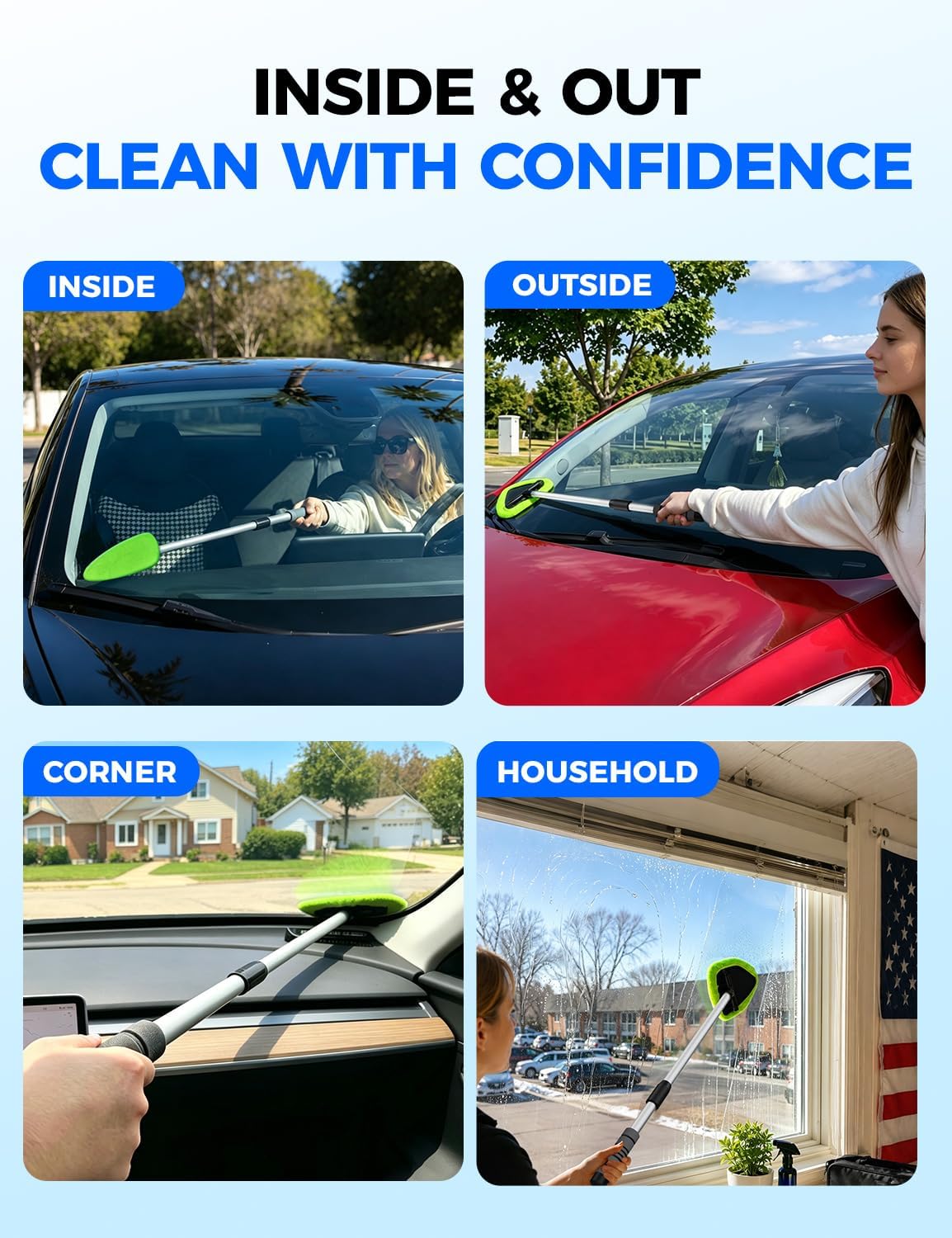 XINDELL 24-inch Windshield Cleaner Tool – Upgrade Large Head Car Interior&Exterior Window Cleaning Kit with Extendable Handle & 4 Microfiber Pads, Auto Wiper Brush for Car, Trucks, SUVs, RVs & Home