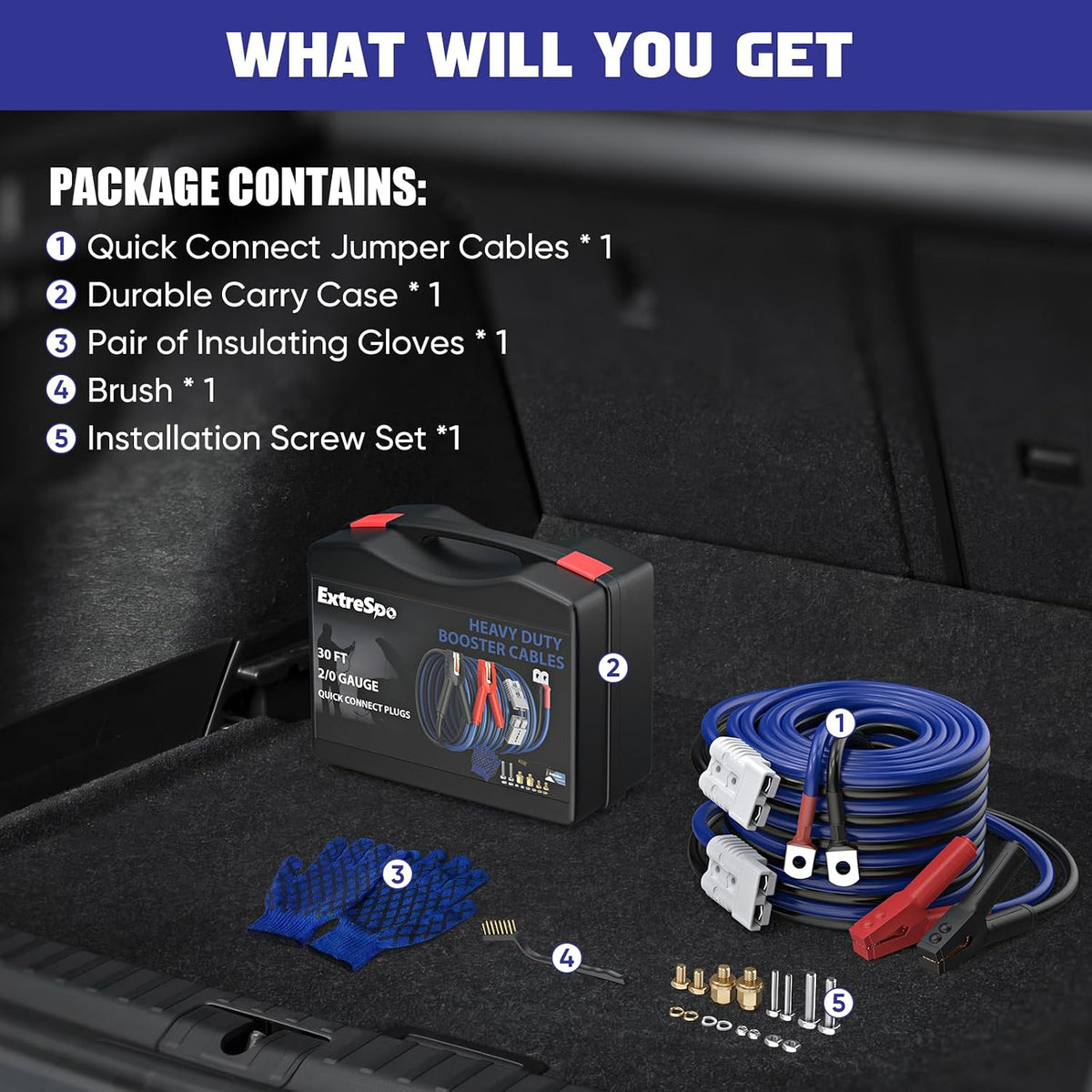 EXTRESPO 2/0 Gauge 30 FT Heavy Duty Jumper Cables, 1500Amp Quick Connect Booster Cables for 12V & 24V Cars, SUVs and Trucks, Kit with Carry Case, Gloves, Brushes