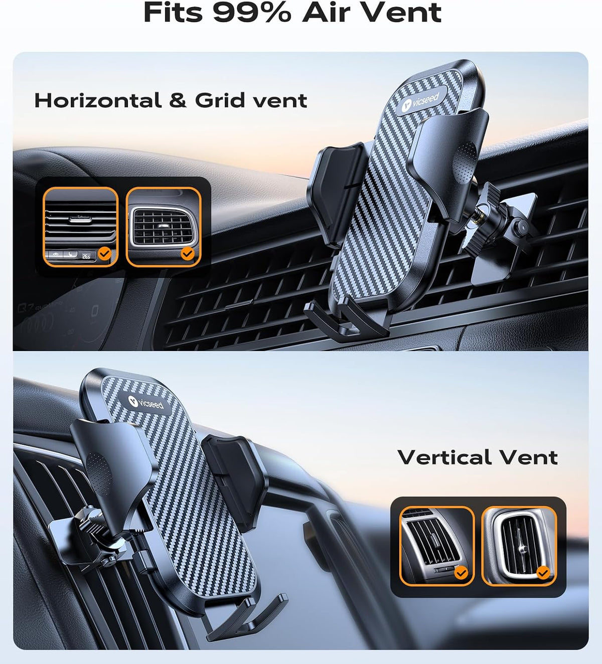 VICSEED 2026 Upgrade Ultra Stable Car Phone Holder Mount [Never Fall Off & Won't Break] Universal Air Vent Phone Mount for Car Easy Clamp Phone Holders for Your Car for iPhone 18 Pro Max 17 16 15 14