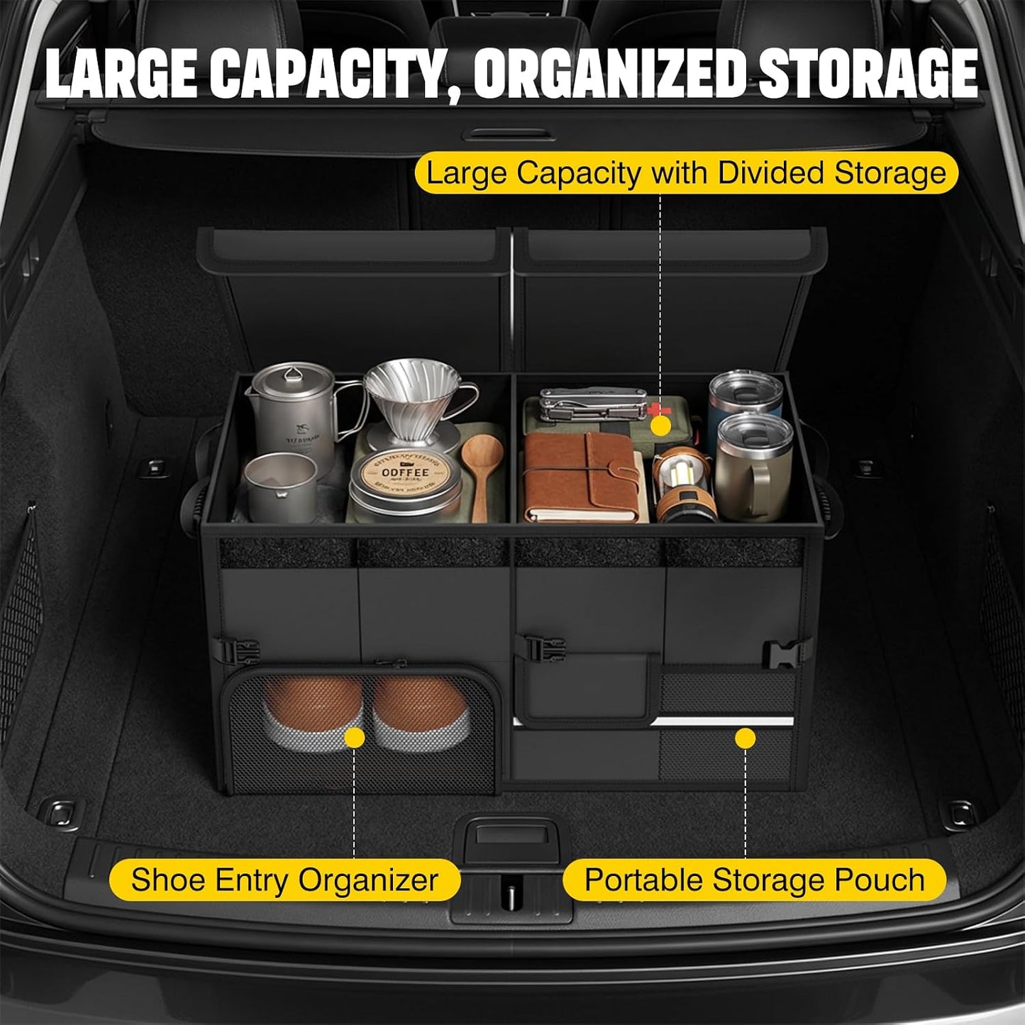 Foldable Car Trunk Organizer with Multi-Compartment – Expandable 30-60L Storage Bin, Side Mesh Pockets, Waterproof 600D Oxford Cloth, Car Accessories for SUV/Truck/Sedan, Black, 23.6"x13.0"x11.8"