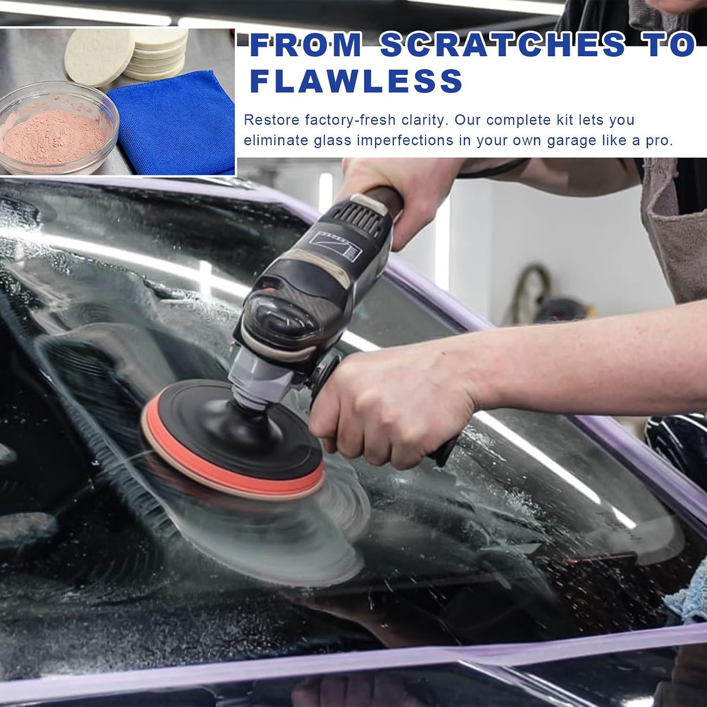 Glass Polishing Kit, Car Windshield Scratch Remover Polish Pads Kit with 100g Cerium Oxide Powder, Universal Wool Polishing Wheel Set for Auto Glass Window Windscreen