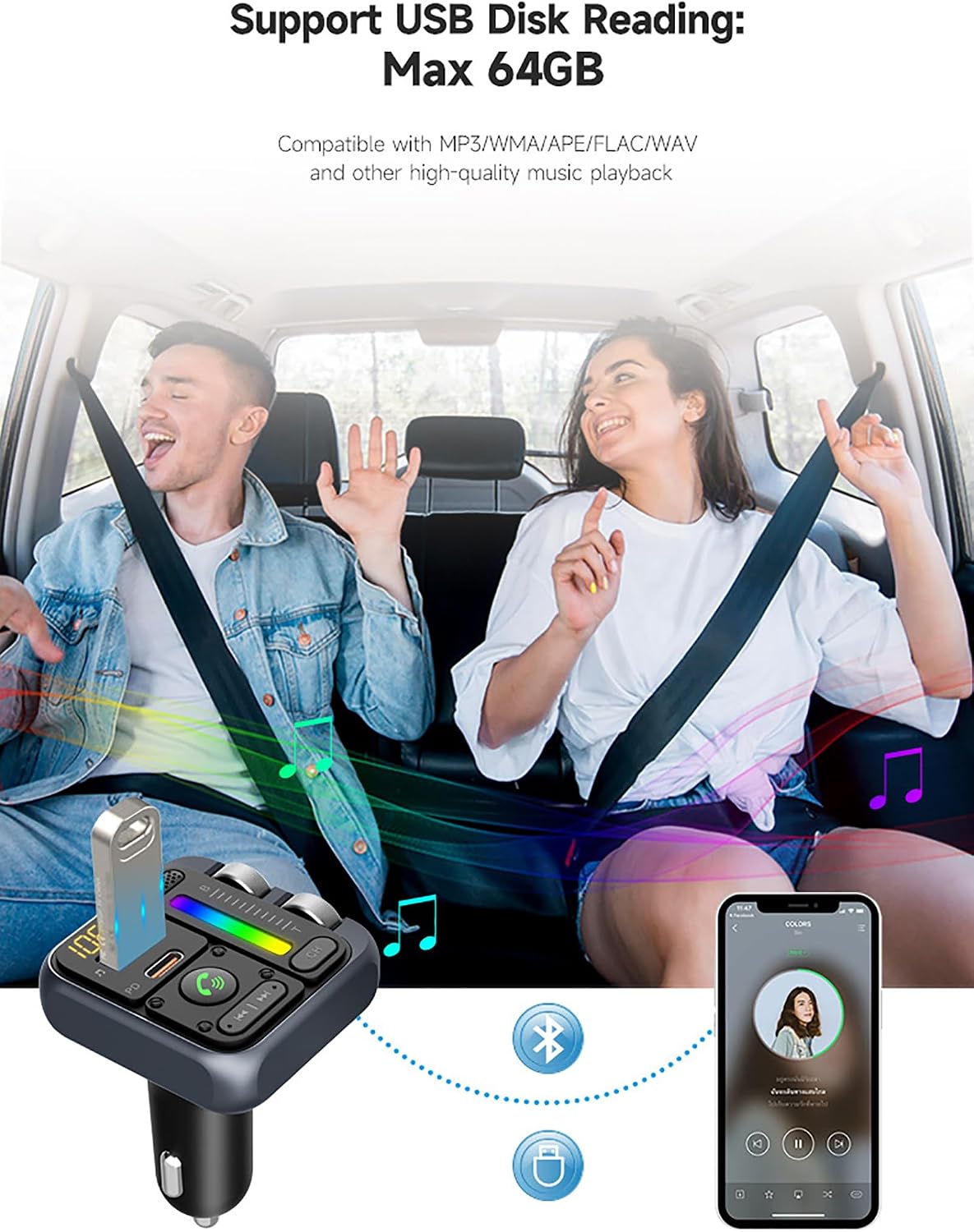 Bluetooth 5.0 Car FM Transmitter, QC3.0 Wireless Car Adapter Mp3 Music Player Car Kit with Hands-Free Calling, 7 Color LED Backlit Car Adapter