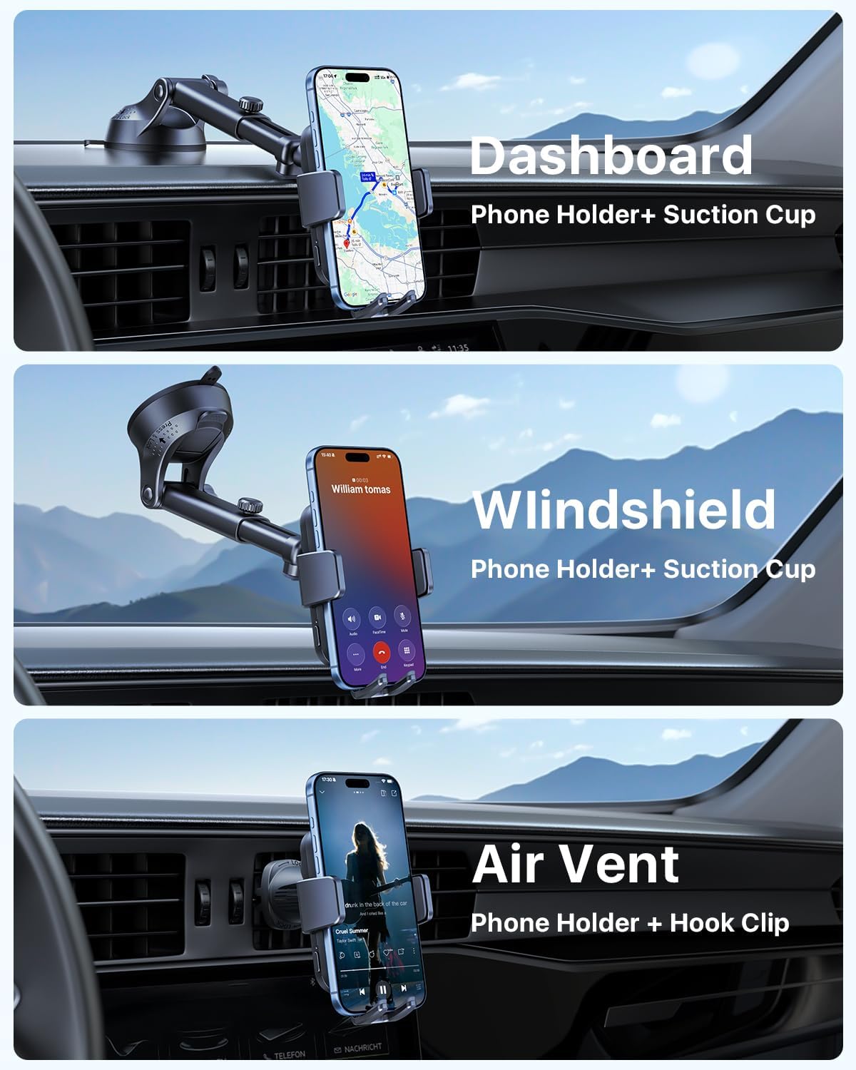 HTU Wireless Car Charger 15W Auto Clamping Phone Holder Dash Windshield Vent, Car Charger Compatible with iPhone 17 16 15 14/13/13 Pro/12 pro/12/11/X/8, Samsung S24/S23/S22,Black