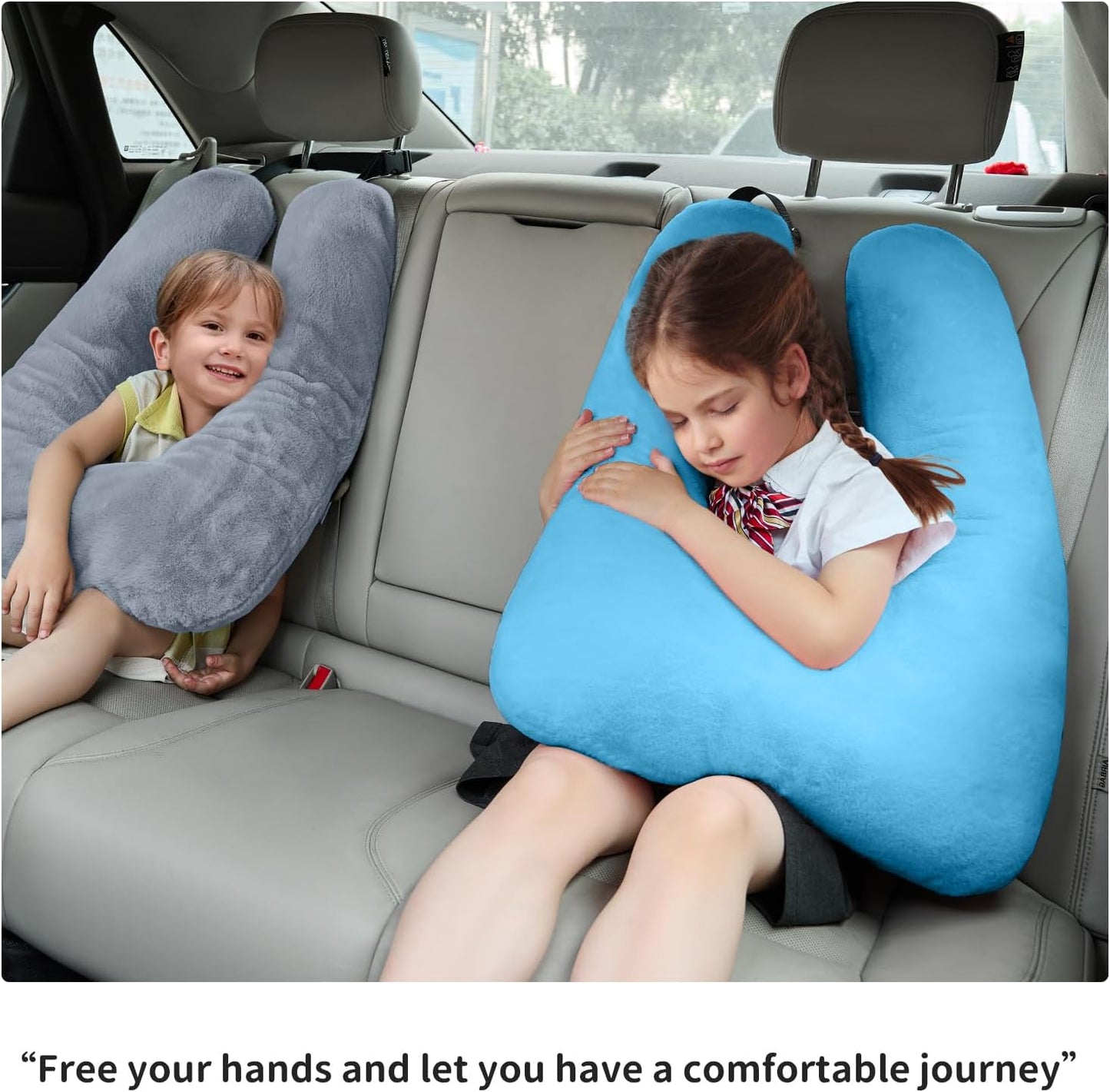 Travel Pillow,Car Pillow for Kids,Support Head and Neck on Road Trip-Grey | Car Sleeping Pillow with Adjustable Strap, Road Trip Essentials for Kids and Adults,Velvet Fabric Filled with High PP Cotton