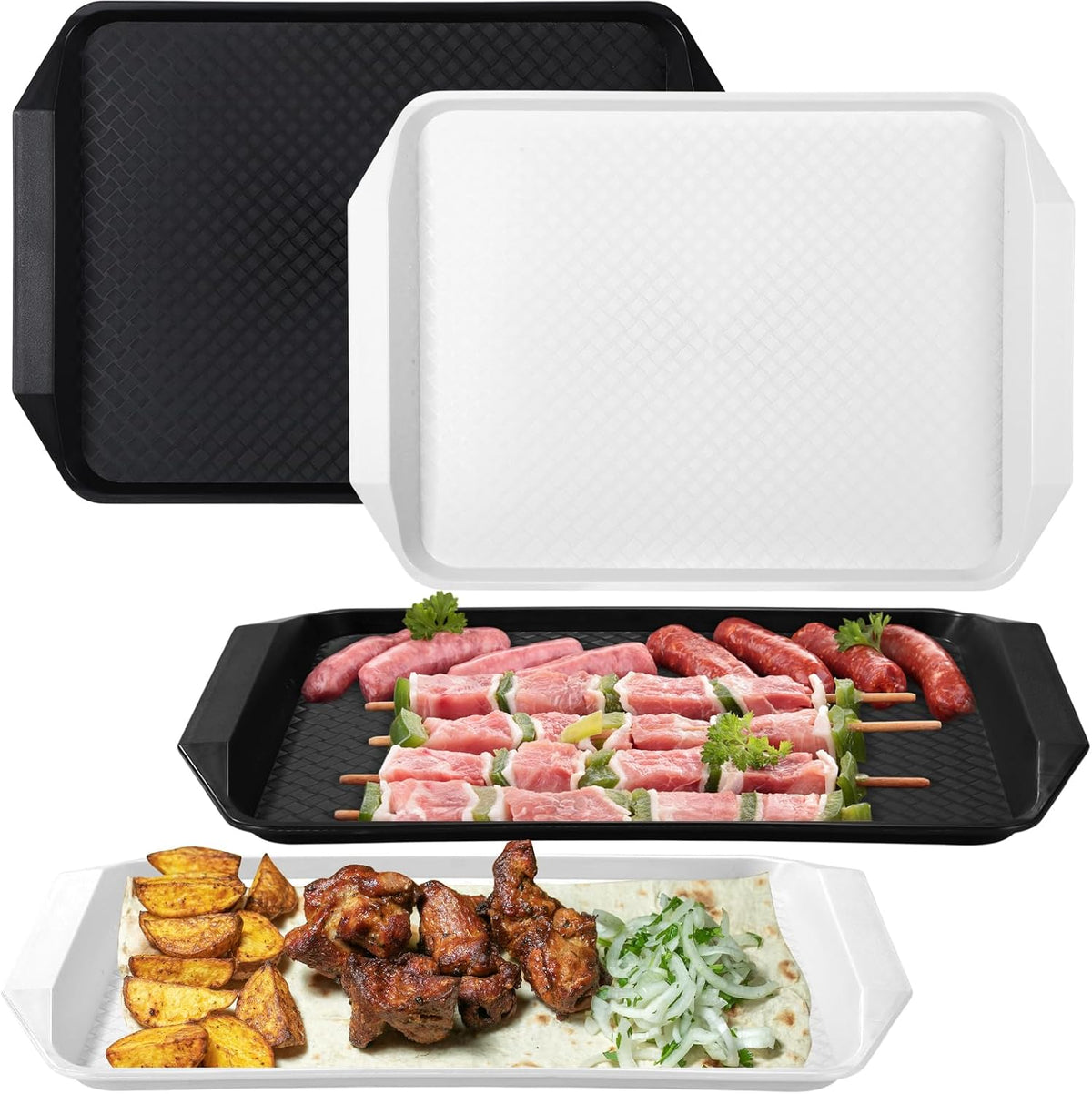DoubleFill Set of 4 Grilling Prep and Serve Trays, 17x12 Inch Large BBQ Platter for Raw and Cooked Food, Cooking Meat Plastic Grilling Trays, Black and White Stackable Defrosting Prep and Carry System