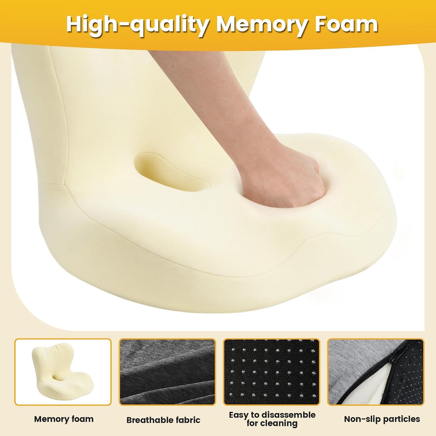 Urban Deco Memory Foam Seat Cushion for Office Chair, Sciatica Pain Relief Coccyx Cushion for Tailbone Pain, Orthopedic Gel Seat Cushion for Car, Non-Slip Bottom and Breathable Cover, Black & Grey