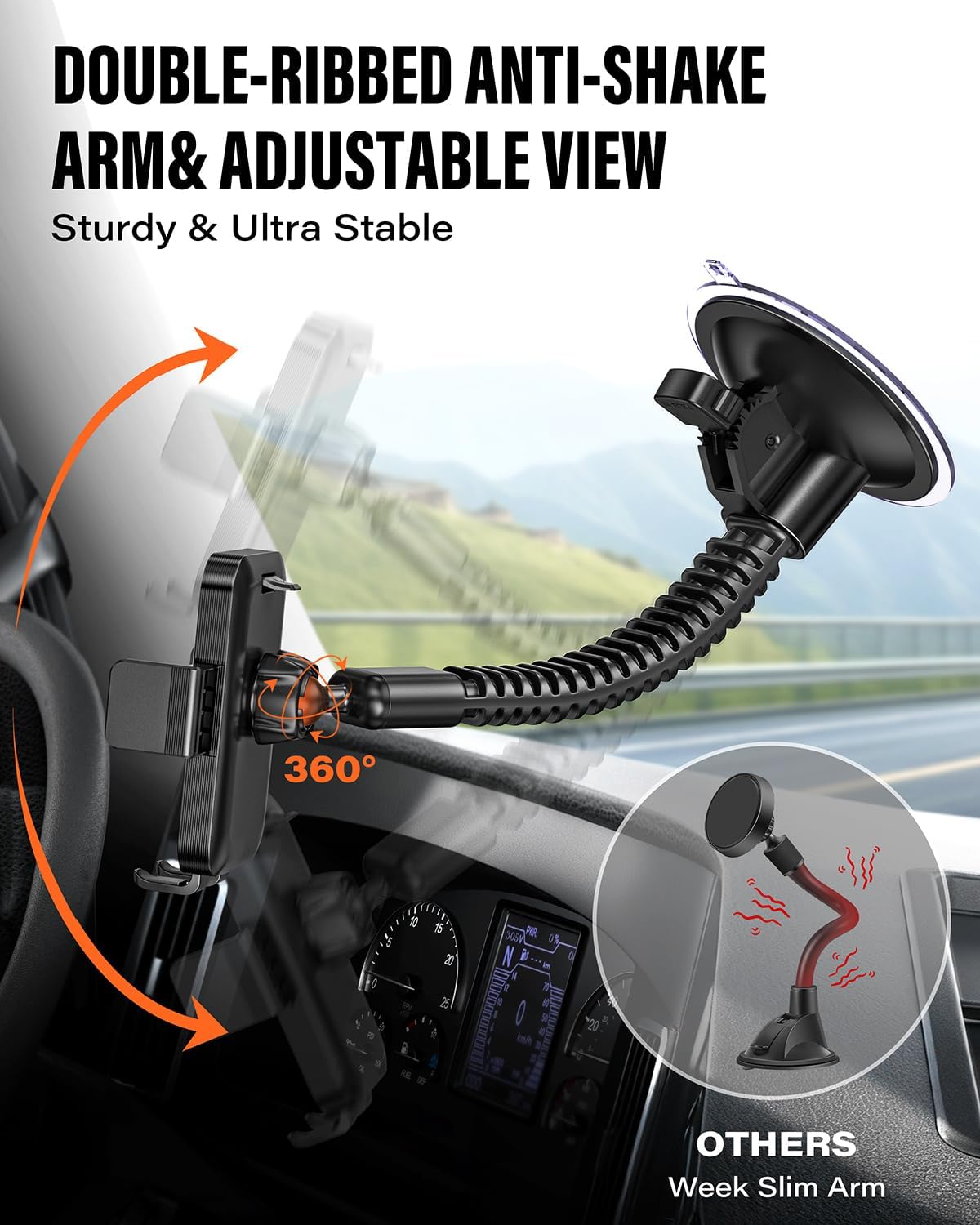 A2C Heavy Duty Truck Phone Mount, 10" Metal Long Arm Windshield Phone Mount