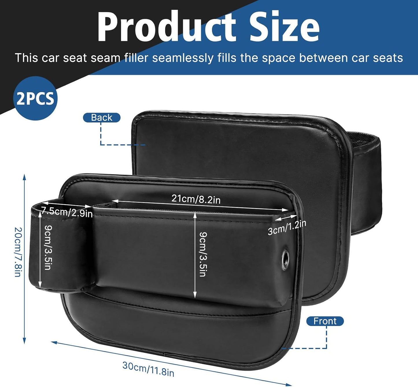 2PCS Black Leather Seat Gap Filler Organizer, Front Seat Gap Storage Box with Cup Holder and Charging Hole, Car Organizer for Phone, Keys, Sunglasses and Drink, Universal Fit Left and Right Side