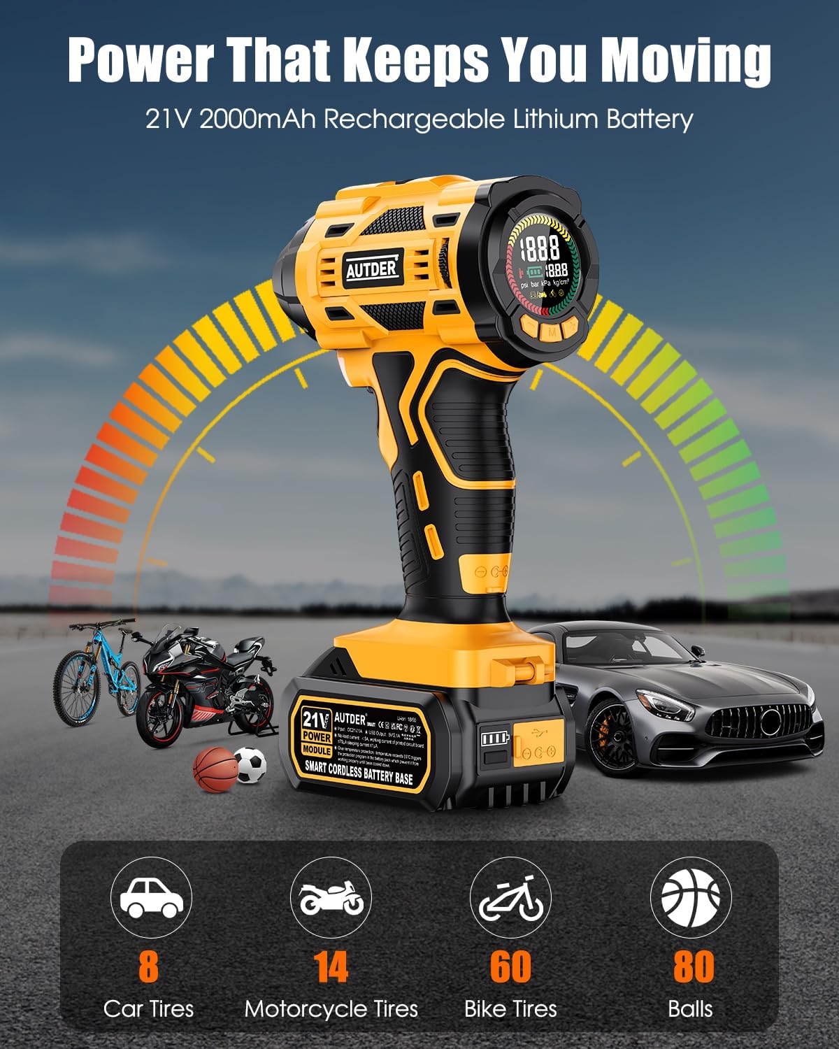 AUTDER Cordless Tire Inflator, Black Yellow