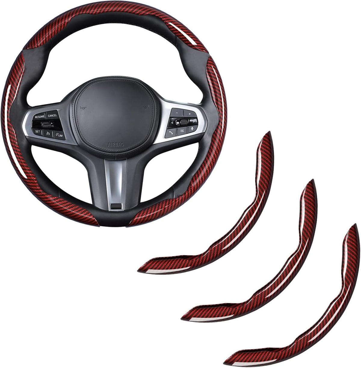 Carbon Fiber Steering Wheel Cover Universal 3pcs Protector Glossy Red