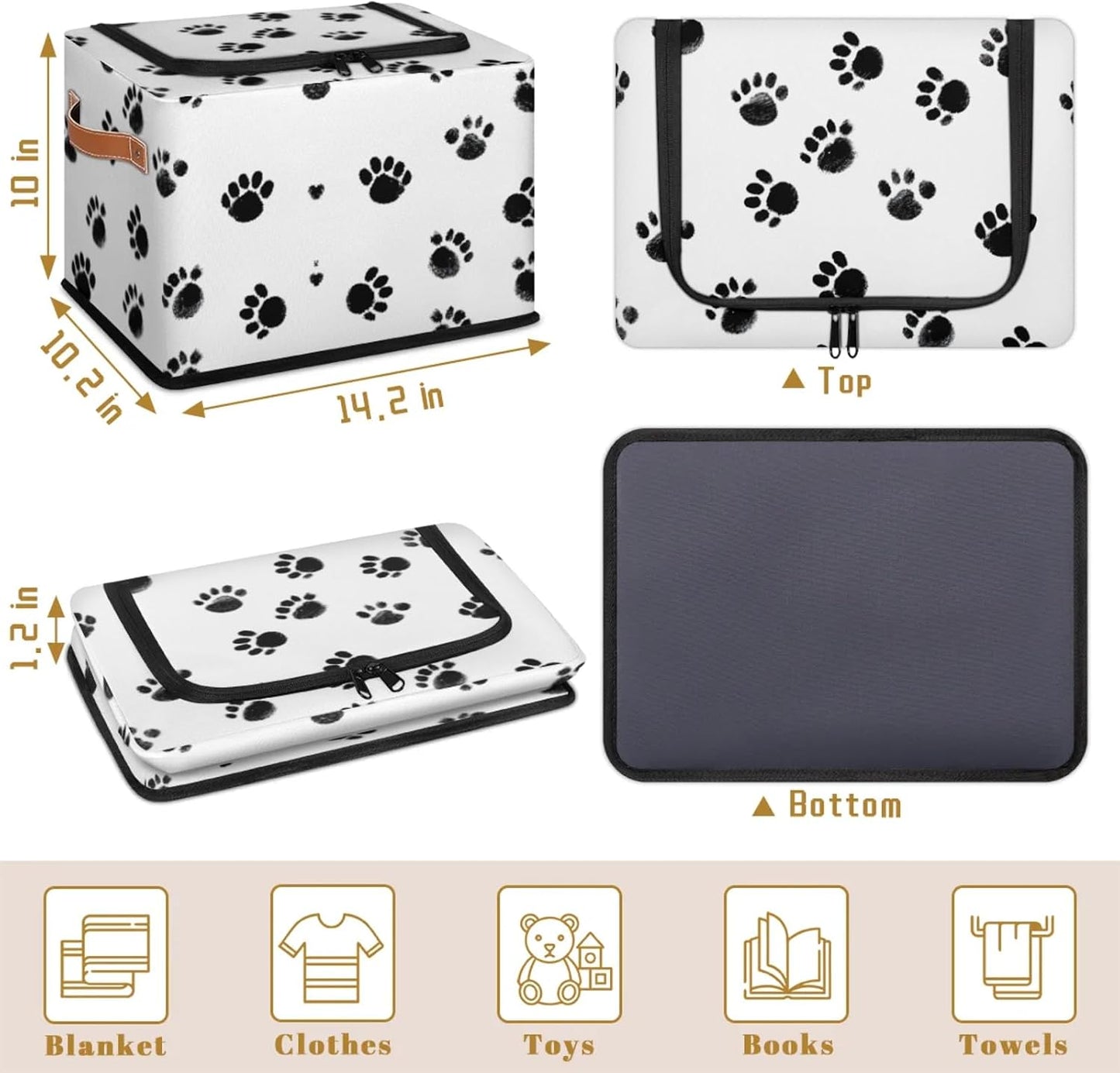 Dogs Footprints Storage Bins With Zipper Lid, Collapsible Trunk Organizer, Car Organizers and Storage Bins with Lids, Decorative Storage Boxes with Handle, Home Storage Baskets for Organizing