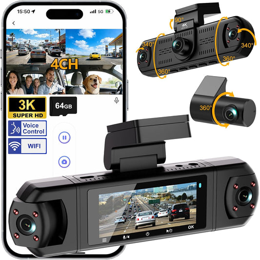 4 Channel Dash Cam, 360° View 3K Front +1080P x3 Left & Right, Dash Camera for Cars,8 IR Lamps Night Vision,Voice Control,WiFi & APP Control,G-Sensor,Parking Mode, with a Free 64GB SD Card