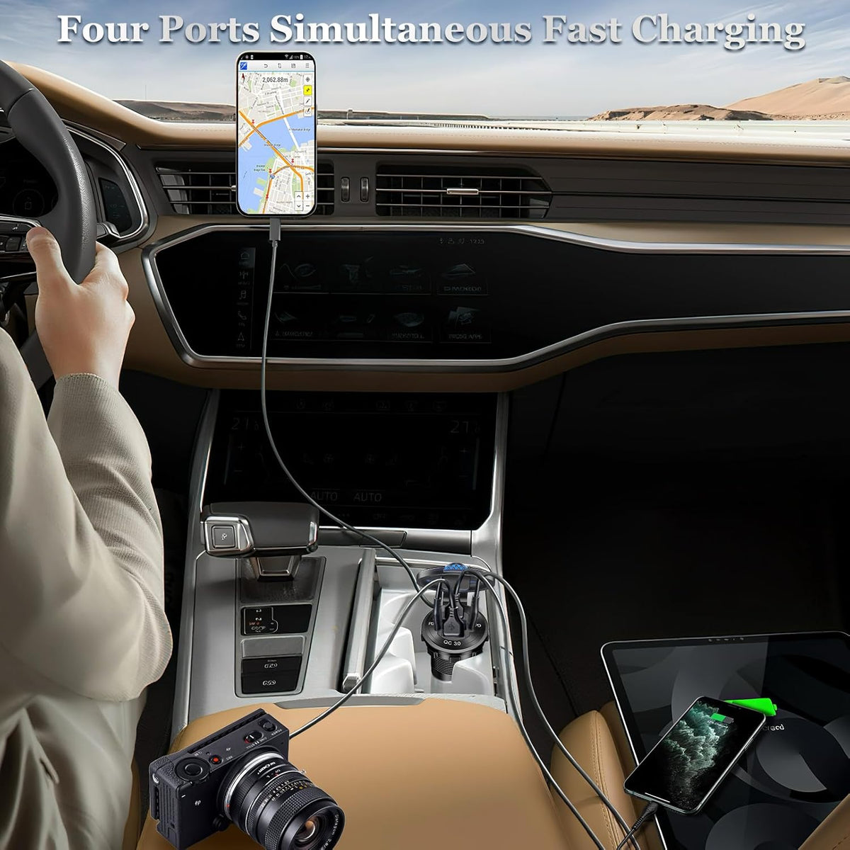 84W 4-Port 12V/24V USB Car Charger Socket with Dual PD3.0 & Dual QC3.0 Fast Charging, Aluminum Alloy Waterproof USB C Outlet with LED Voltmeter, Compatible for Cars Boats Trucks RVs Motorcycles Marine